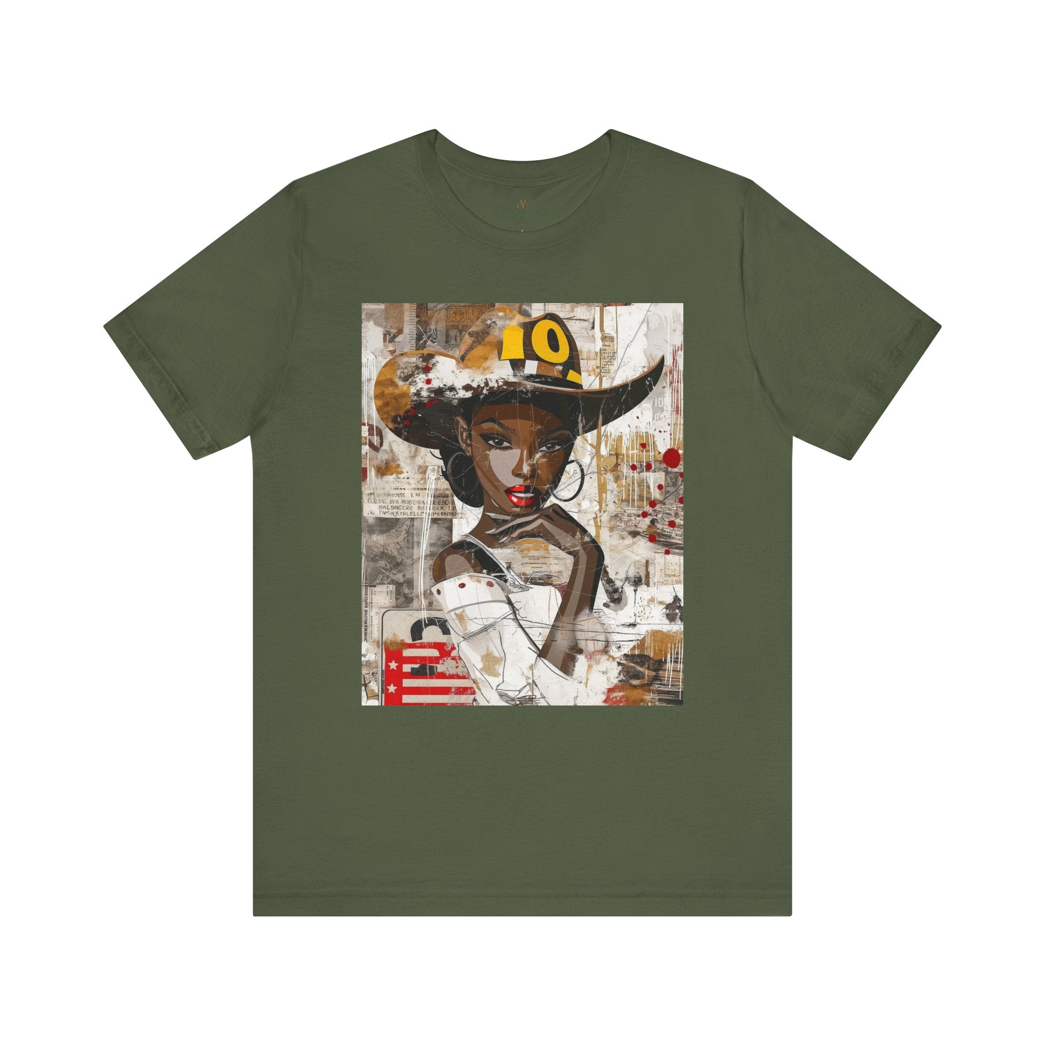 Black Cowgirl Tee featuring a cartoon-style brown skin girl in a graffiti-inspired pop art design. An edgy Afrocentric Western shirt celebrating African American culture and bold streetwear fashion.