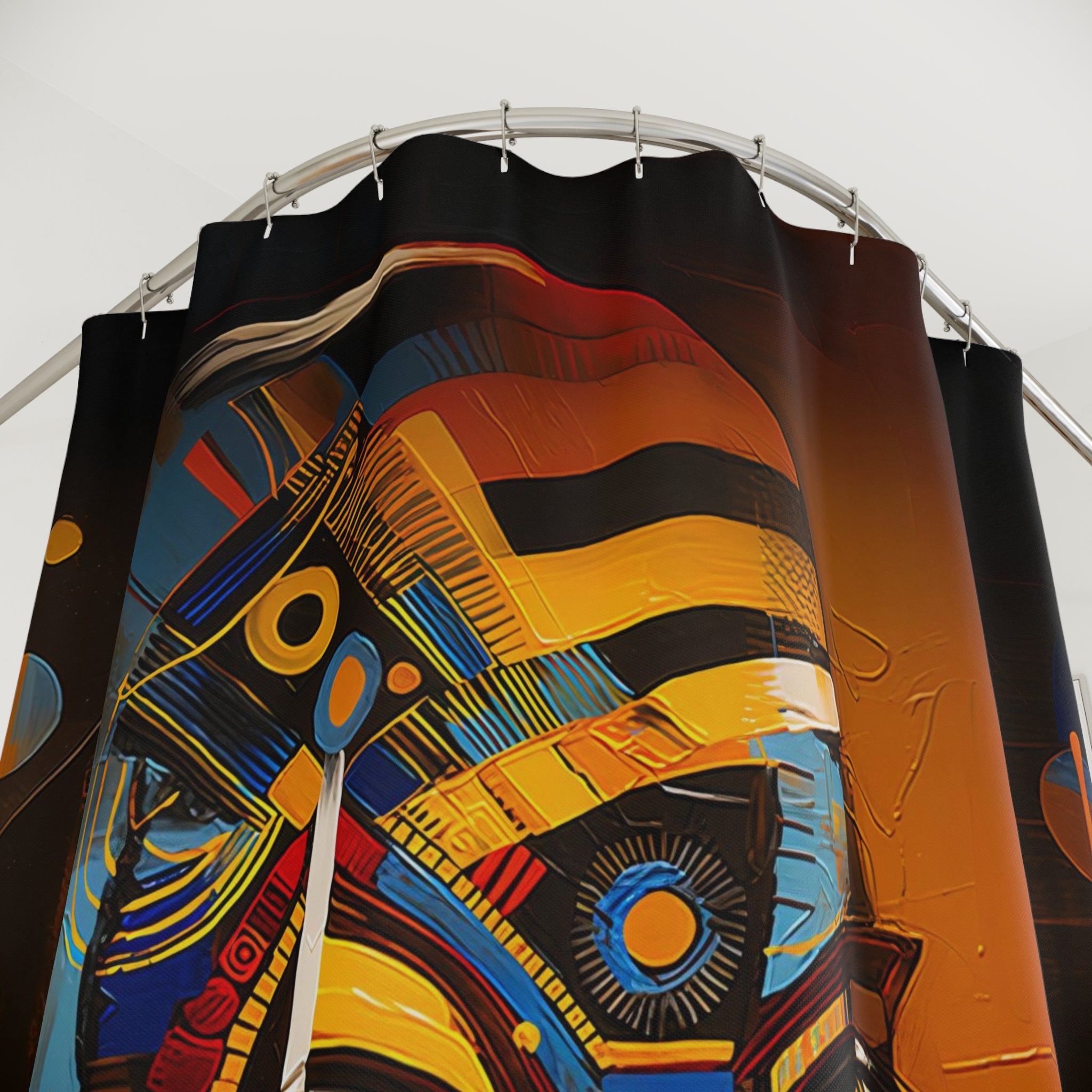 Bathroom shower curtain featuring an abstract African mask design with bold tribal patterns and Afrocentric colors, perfect for African-inspired home and bathroom decor.