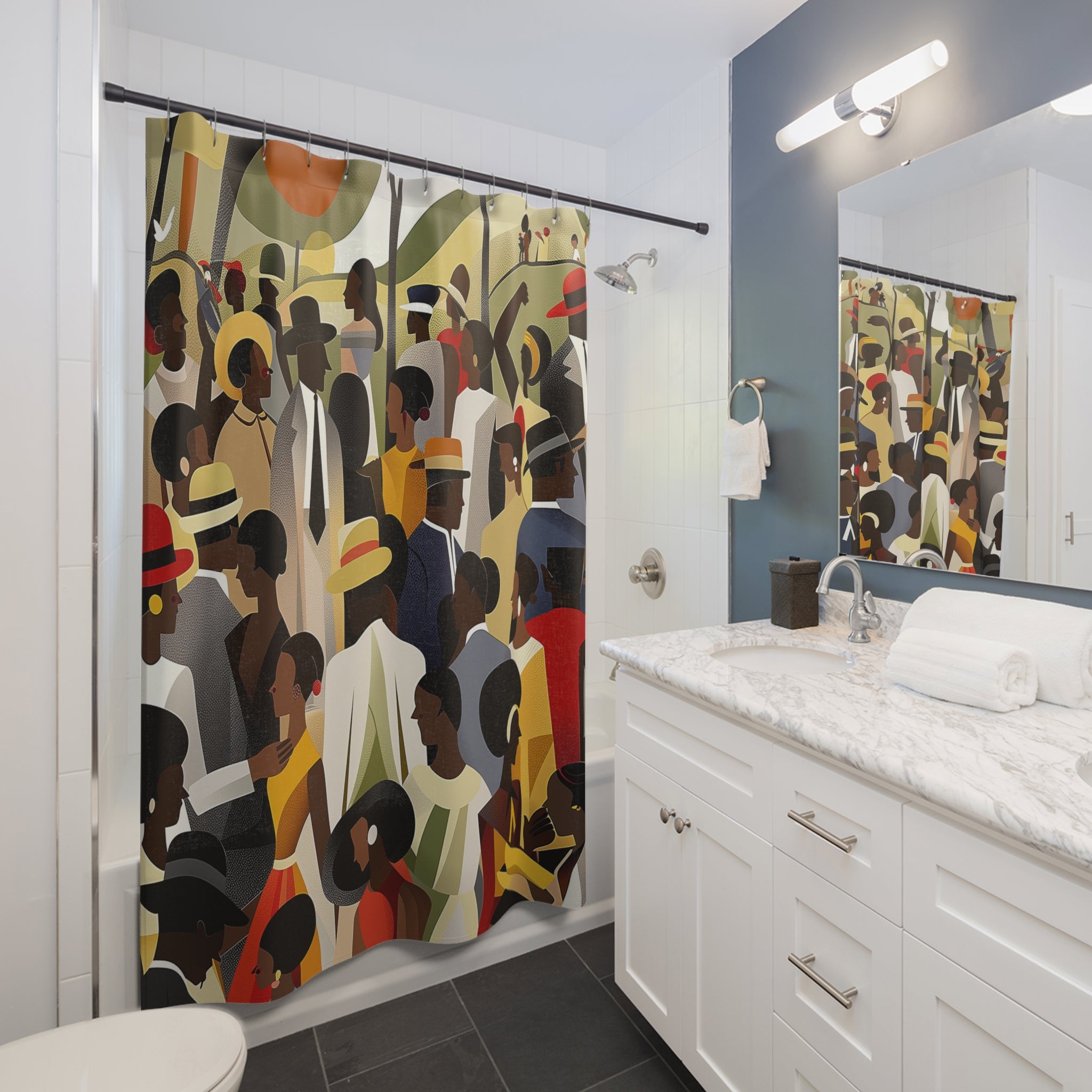 Picnic in the Park Bathroom Shower Curtain featuring African American men and women celebrating Juneteenth outdoors. Afrocentric family reunion scene with people dancing, talking, and enjoying a festive picnic in a vibrant park setting. Bold, colorful cultural bathroom decor.