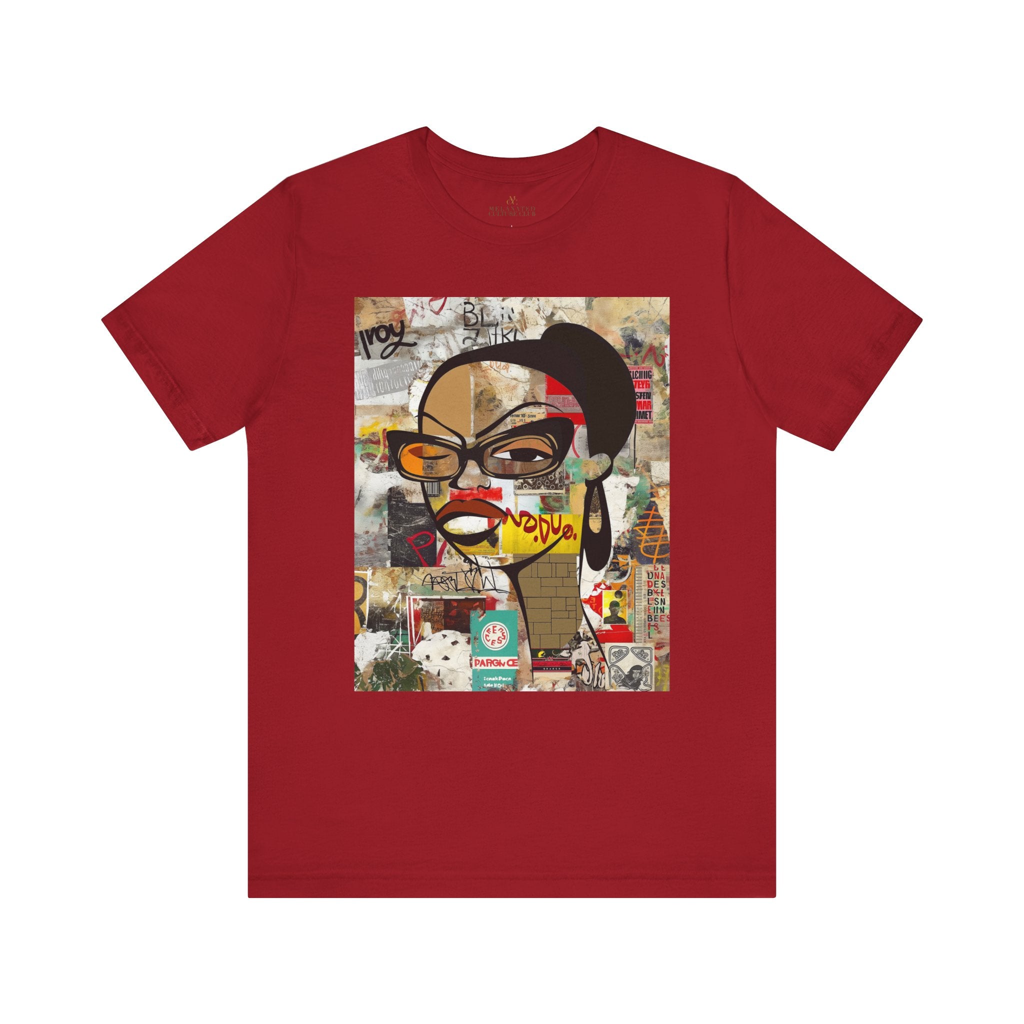 Graphic tee featuring an abstract cartoon-style illustration of a confident Black woman with stylish black-framed eyeglasses and a one-eyed inquisitive stare. The design has a bold, graffiti-inspired look that celebrates Black girl magic, attitude, and self-expression.