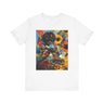 Black Woman Roller Skater Tee featuring a retro-style design with a big Afro, skating through a field of psychedelic colorful wildflowers. A bold Afrocentric tee perfect for roller derby teams and vintage fashion lovers.