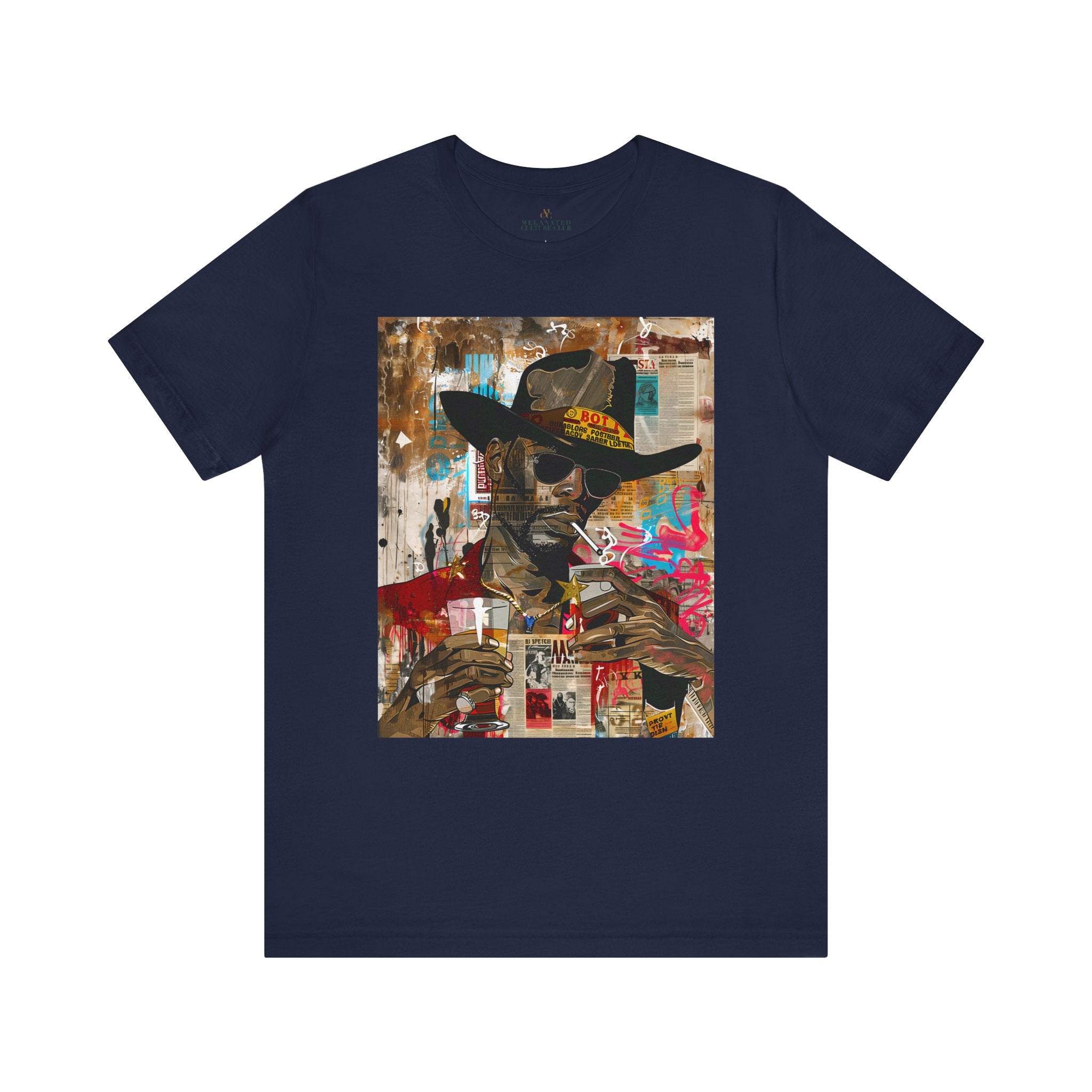Urban Black Cowboy Tee featuring a graffiti collage design of an African American cowboy wearing dark sunglasses, smoking a cigarette, and holding a neat whiskey. A bold, edgy Afrocentric pop art-style shirt celebrating Black culture.