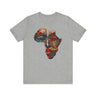 Continent of Africa Tee Shirt featuring an abstract African mask within a mosaic-style Africa map. A bold Afrocentric top celebrating Black culture, heritage, and identity, perfect for unique gifting.