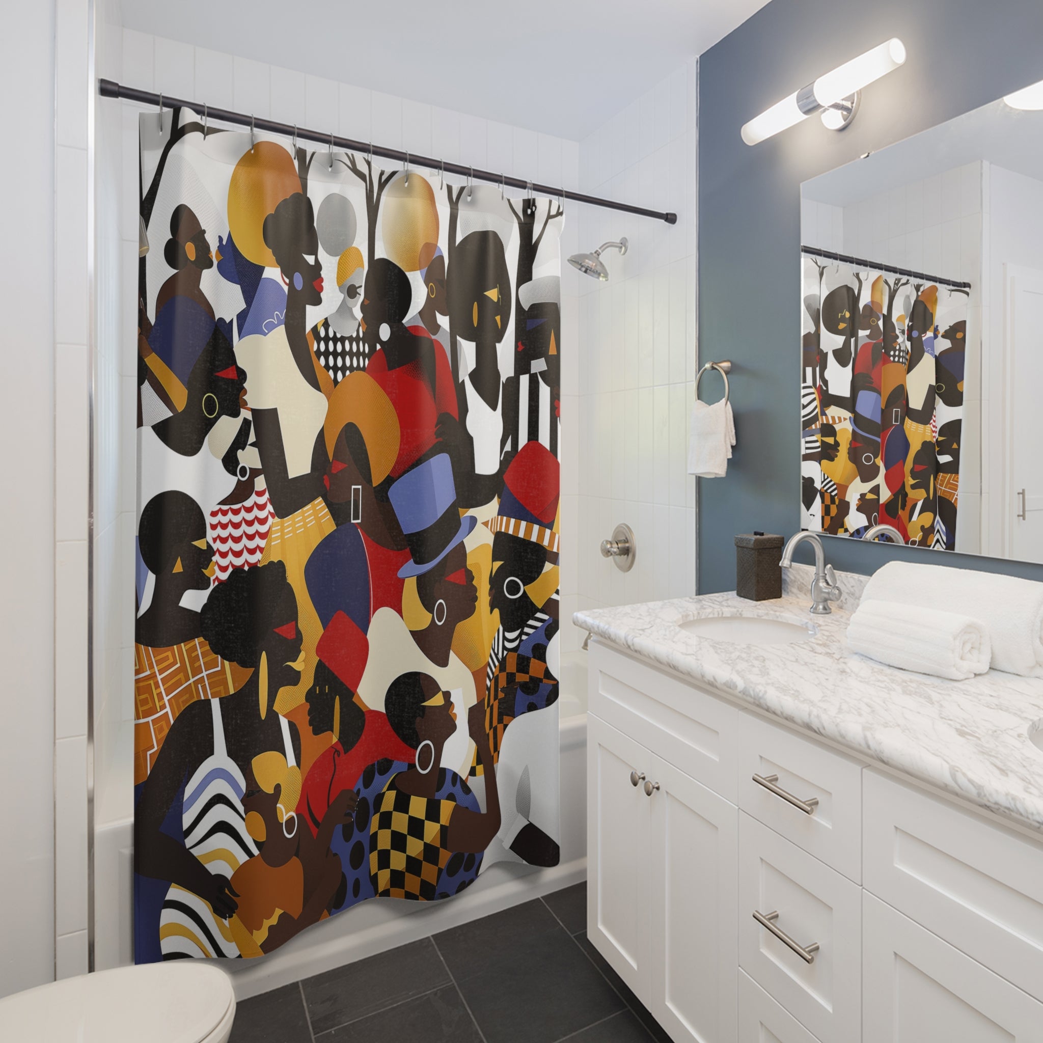Juneteenth Shower Curtain featuring Afrocentric pop art design of a Black family enjoying an outdoor park celebration, with bright, bold abstract colors and modern cultural style.