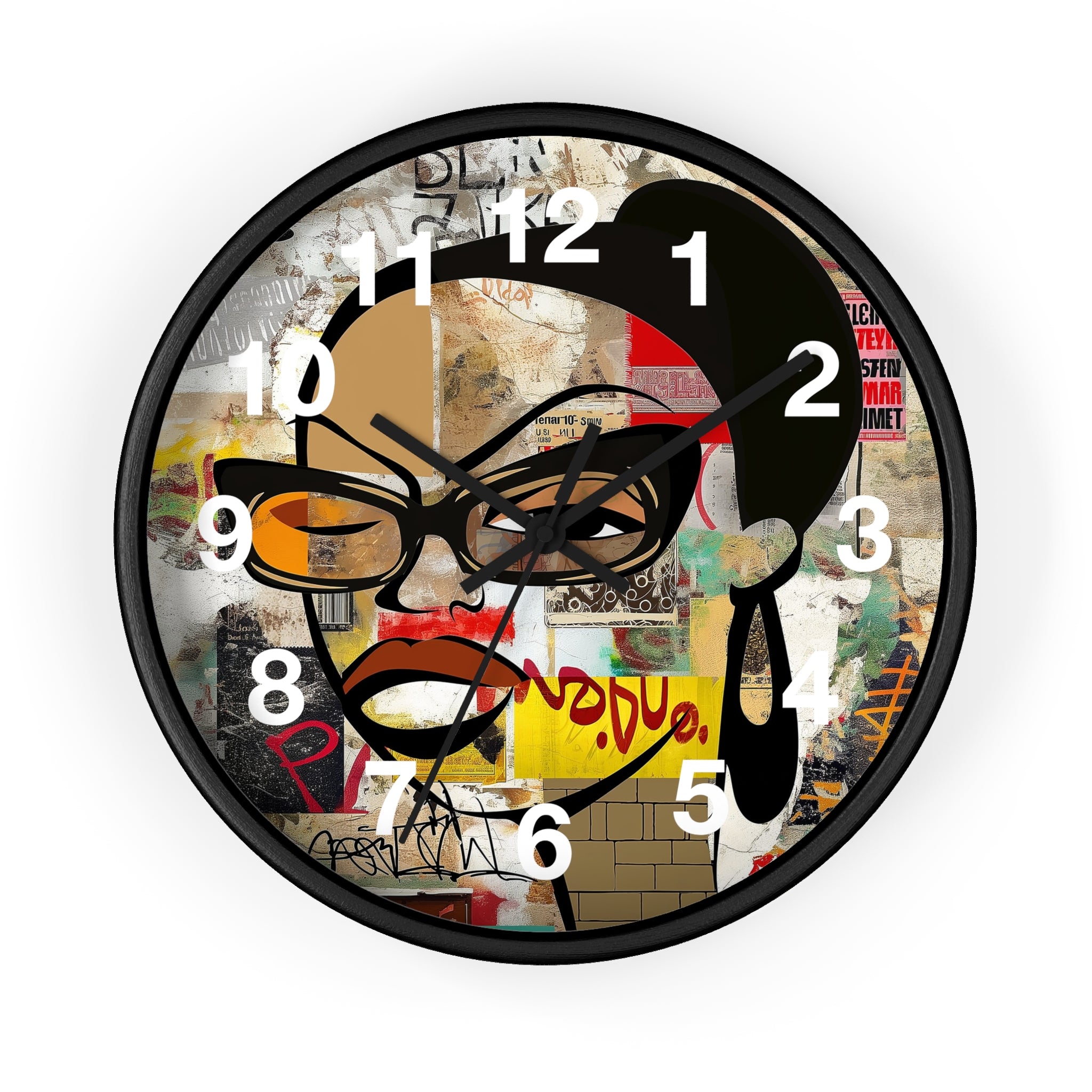 Boss Babe Black Girl Wall Clock featuring Afrocentric cartoon character Markeisha in vibrant graffiti art style. Black woman empowerment decor for modern home or office.