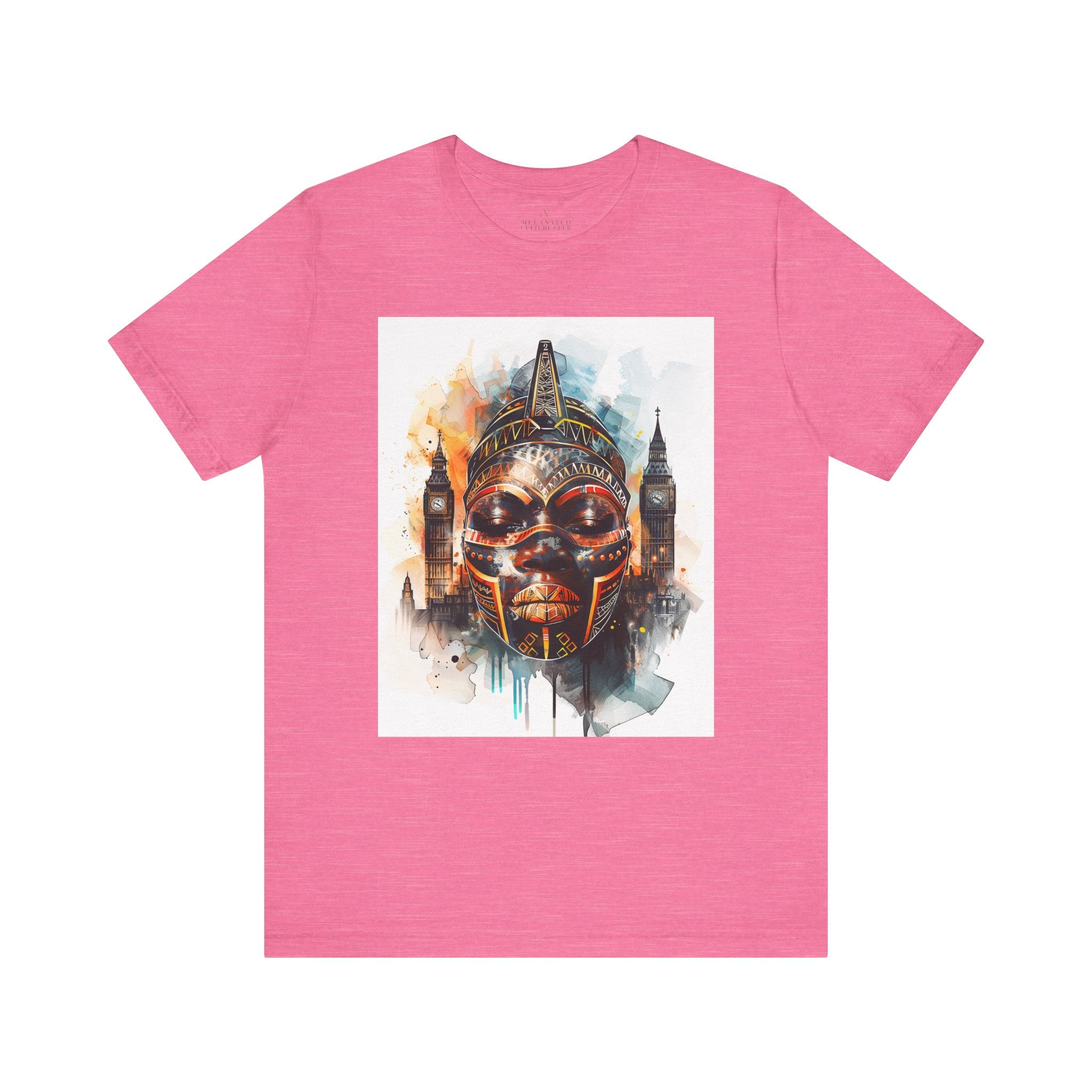 London Abstract African Mask Tee Shirt in pink.