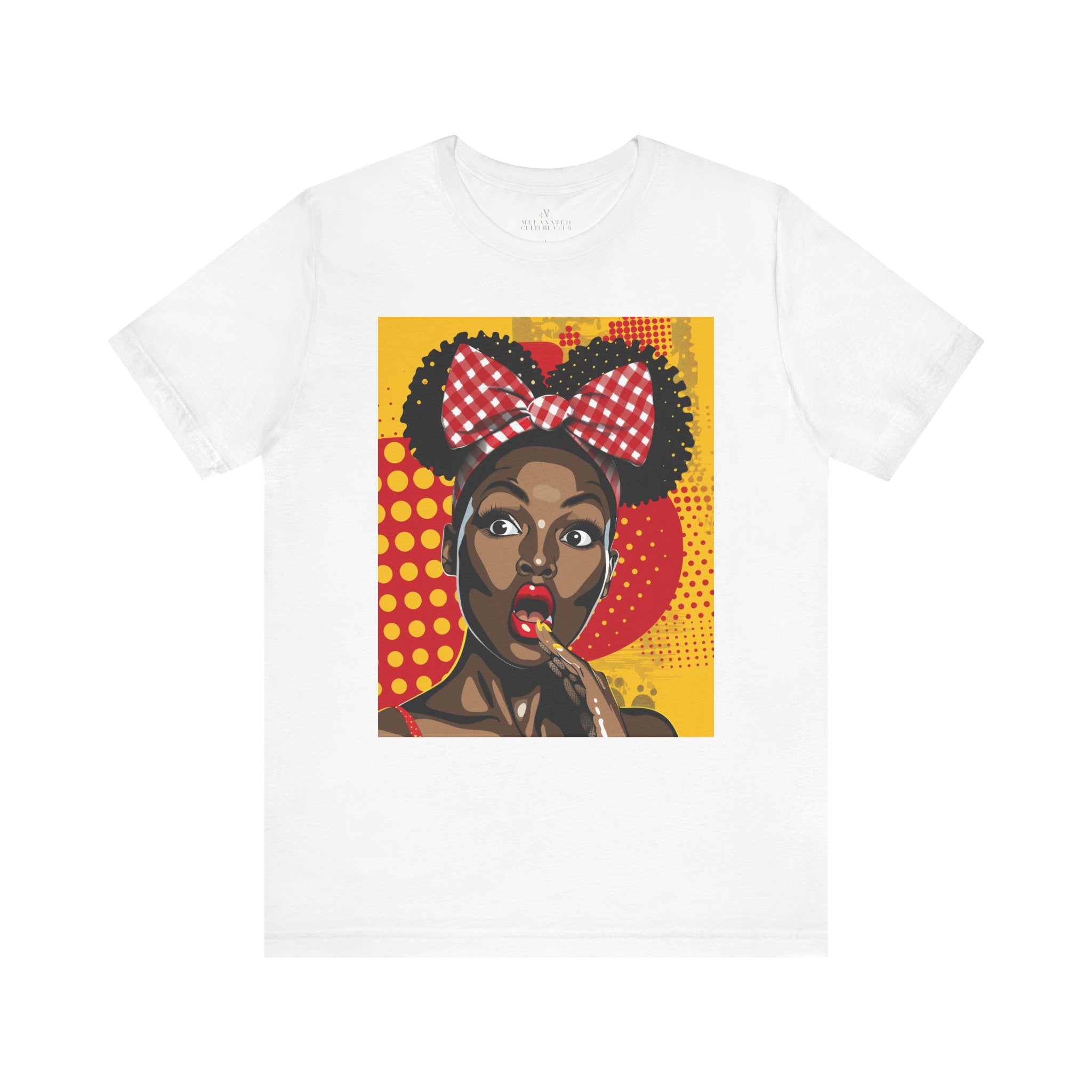 Black Girl Shocked Look Tee Shirt featuring a cartoon-style pop art illustration of a Black woman with natural hair and a red polka-dotted hair bow. Afrocentric graphic tee celebrating Black Girl Magic and expressive streetwear style.