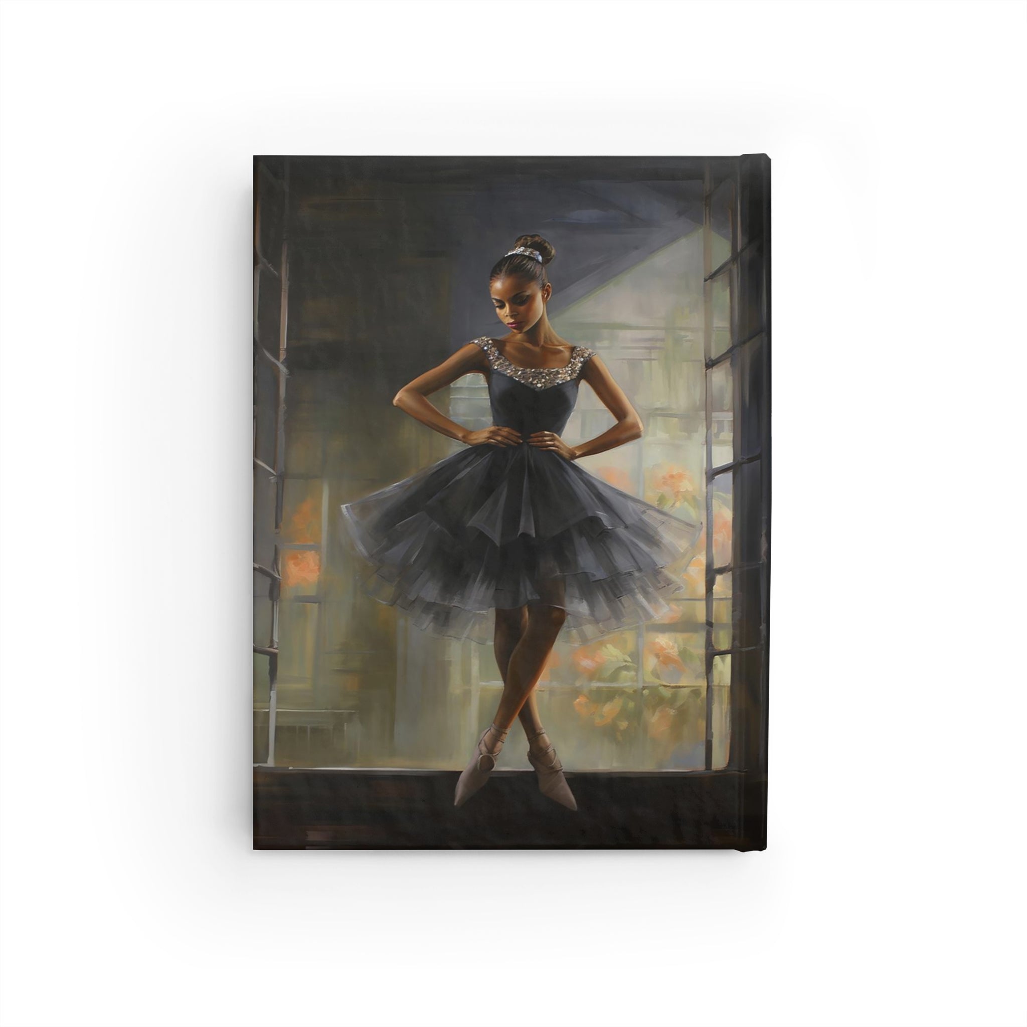 Black Girl Ballerina Journal featuring a graceful ballerina dance pose. Perfect for journaling goals, dance sketches, and choreography notes. A great gift for ballet students, teachers, and dance lovers.