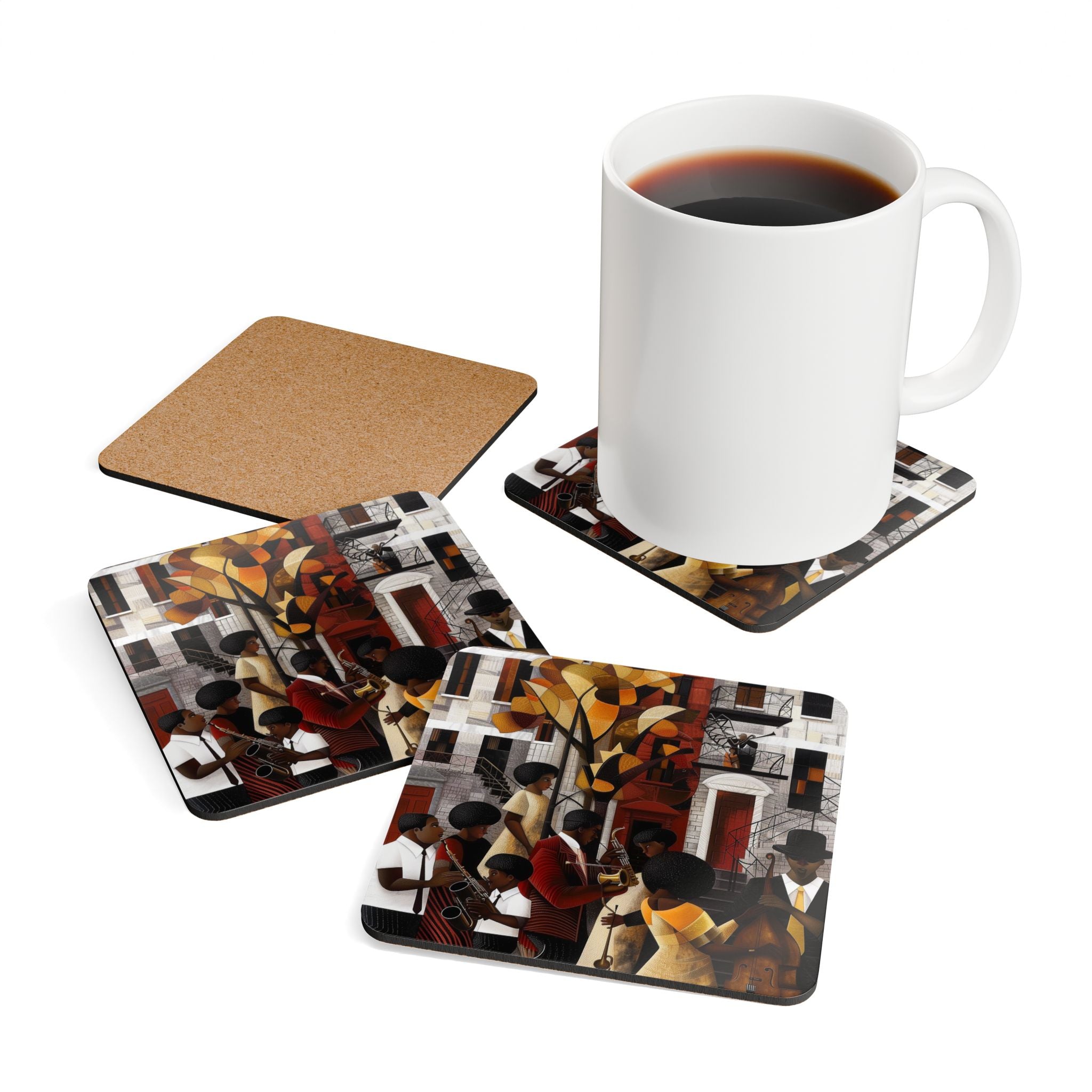 Harlem Jazz Musicians Drink Coasters – Abstract retro vintage art set inspired by jazz culture and Harlem Renaissance, perfect barware gift and Afrocentric beverage accessory.