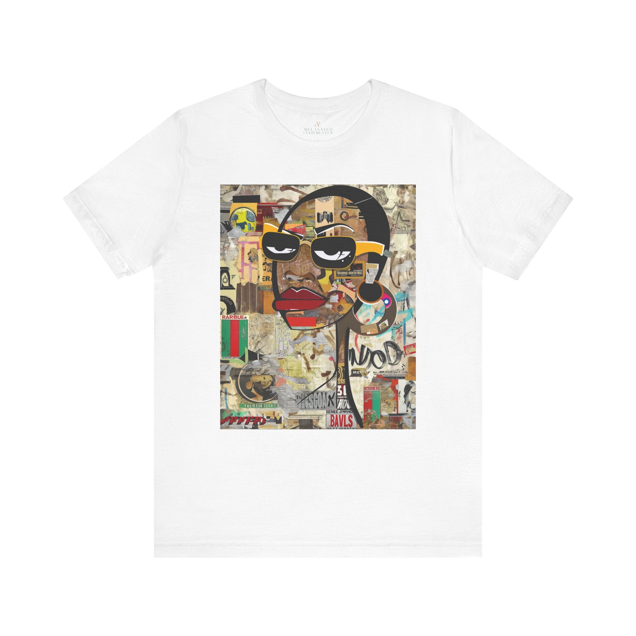 Boss Babe graphic tee featuring an abstract cartoon-style Black woman with bold yellow framed eyeglasses. The design has a vibrant, graffiti-inspired aesthetic that celebrates African American beauty, confidence, and urban art style.