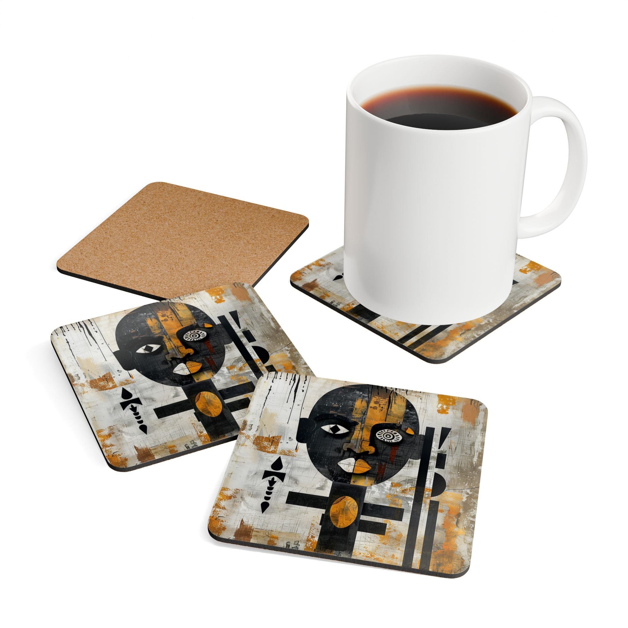Afrocentric Drink Coasters with Abstract African Mask Art in a bold Afro Bauhaus and Boho design, colorful cultural beverage accessories.