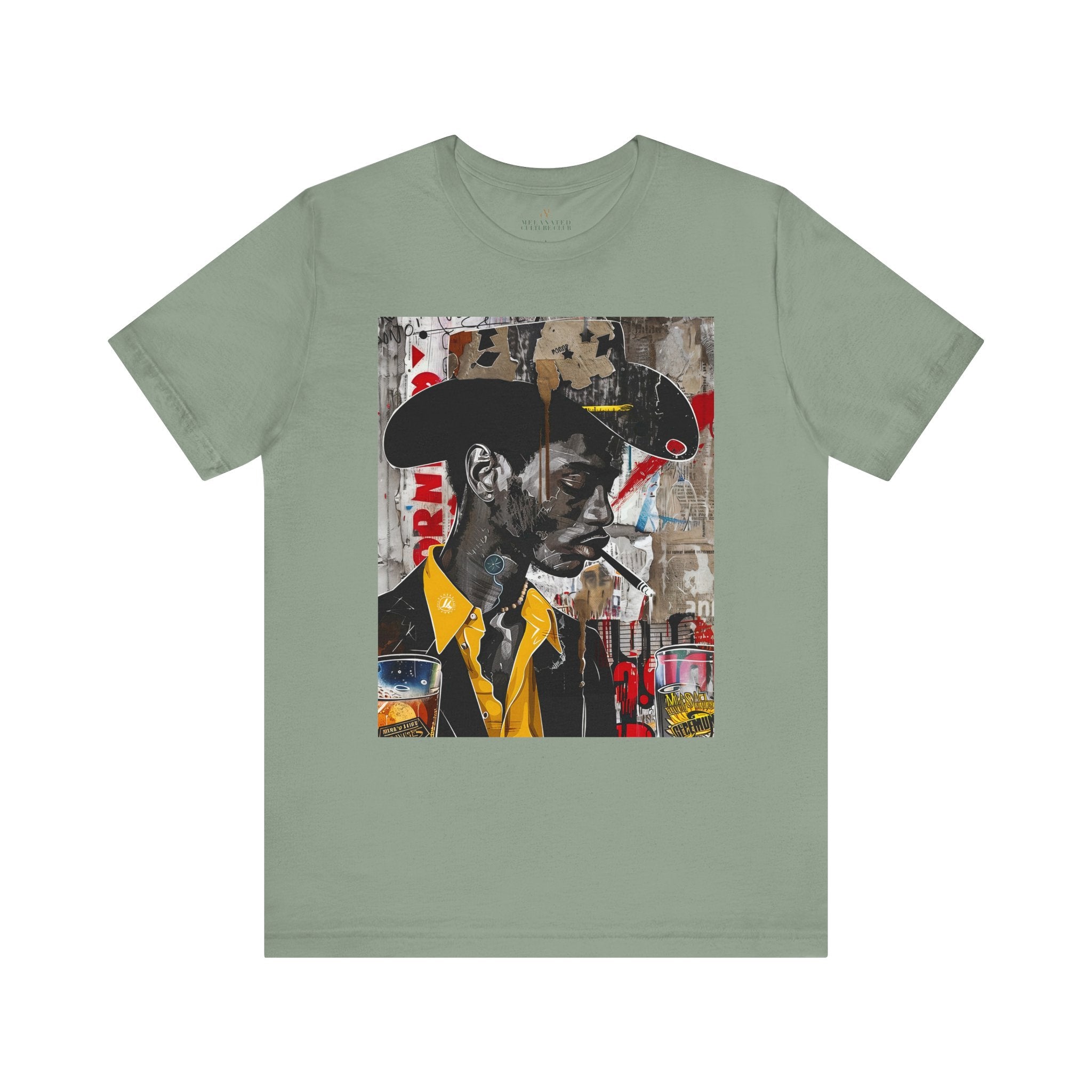 Western Rugged Black Cowboy Tee featuring an edgy African American man with a cigar and whiskey. A bold Afrocentric culture shirt with pop art, graffiti, and collage-inspired design.