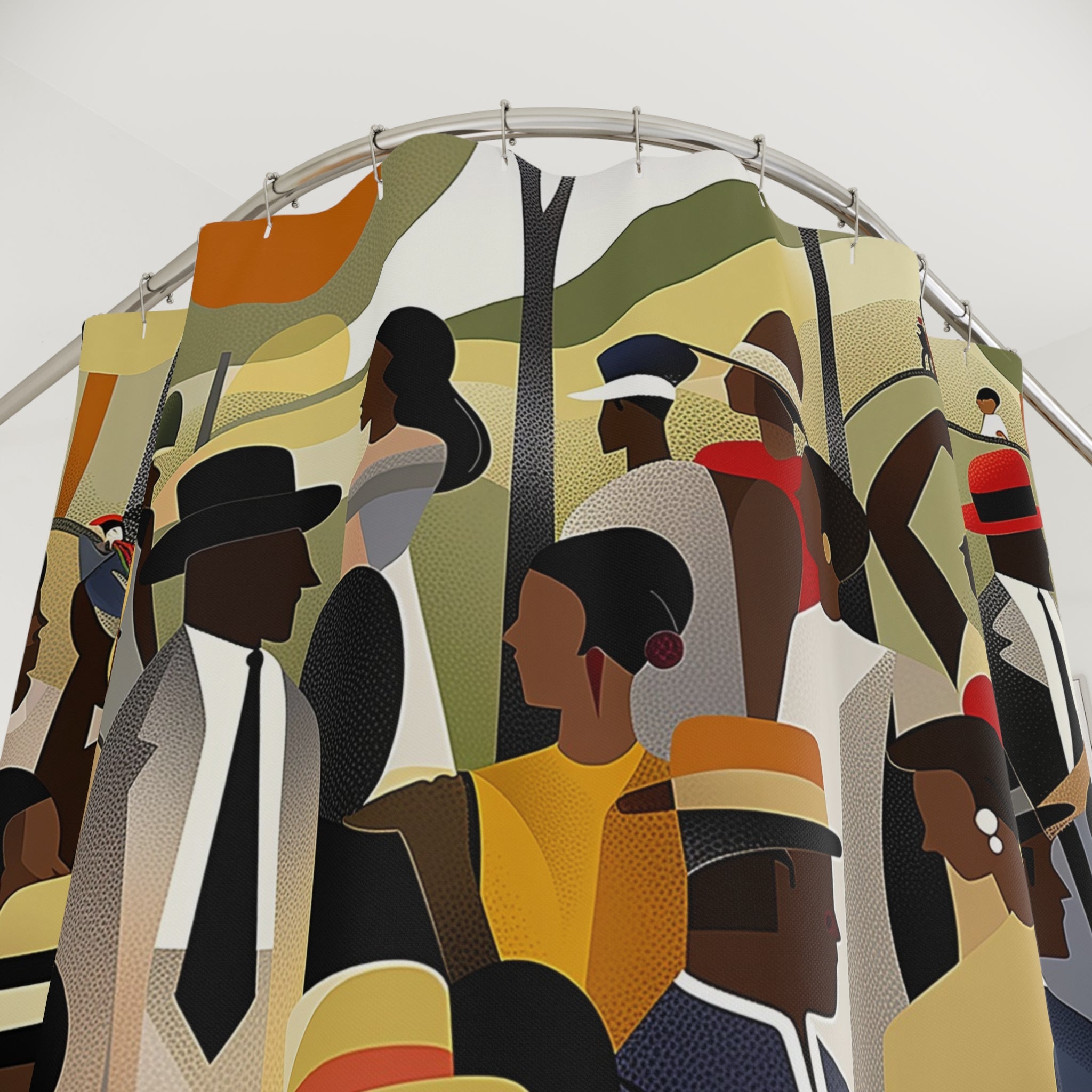 Picnic in the Park Bathroom Shower Curtain featuring African American men and women celebrating Juneteenth outdoors. Afrocentric family reunion scene with people dancing, talking, and enjoying a festive picnic in a vibrant park setting. Bold, colorful cultural bathroom decor.