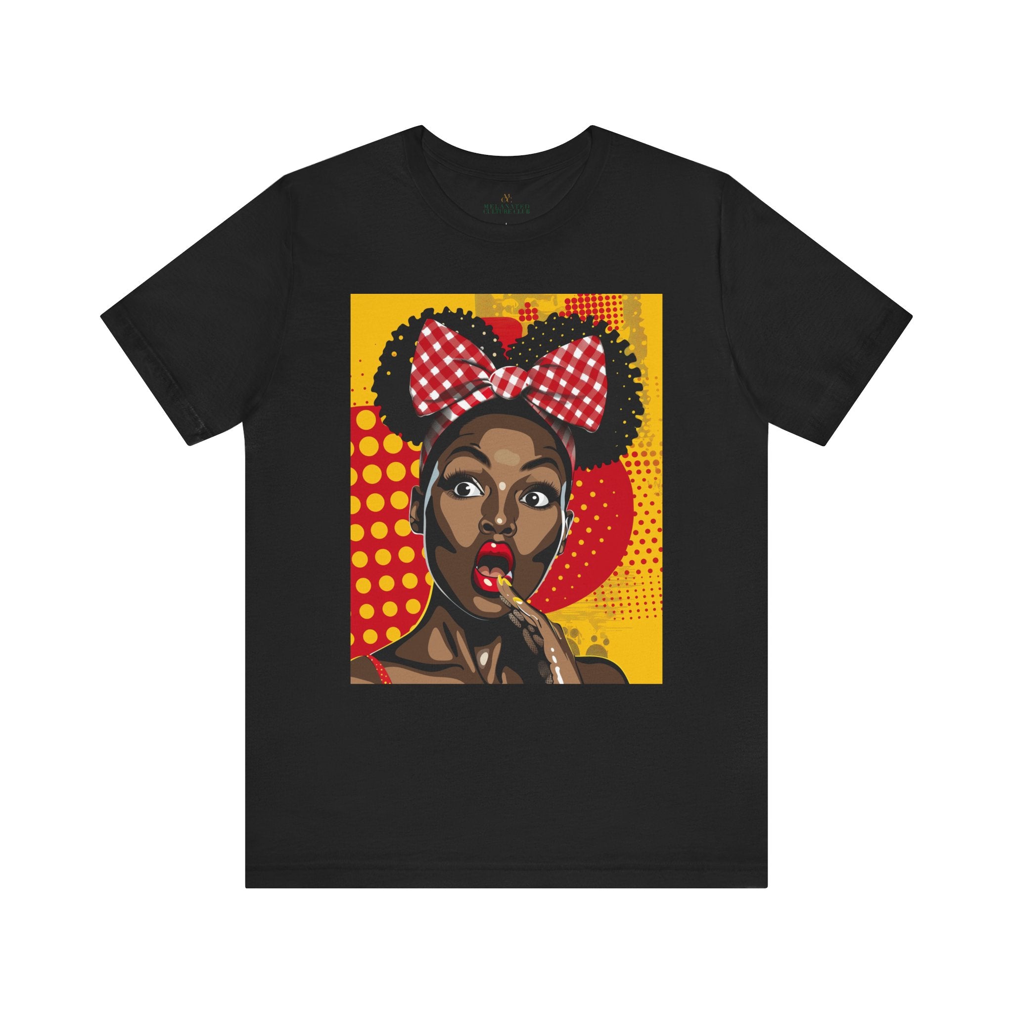 Black Girl Shocked Look Tee Shirt featuring a cartoon-style pop art illustration of a Black woman with natural hair and a red polka-dotted hair bow. Afrocentric graphic tee celebrating Black Girl Magic and expressive streetwear style.