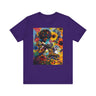 Black Woman Roller Skater Tee featuring a retro-style design with a big Afro, skating through a field of psychedelic colorful wildflowers. A bold Afrocentric tee perfect for roller derby teams and vintage fashion lovers.