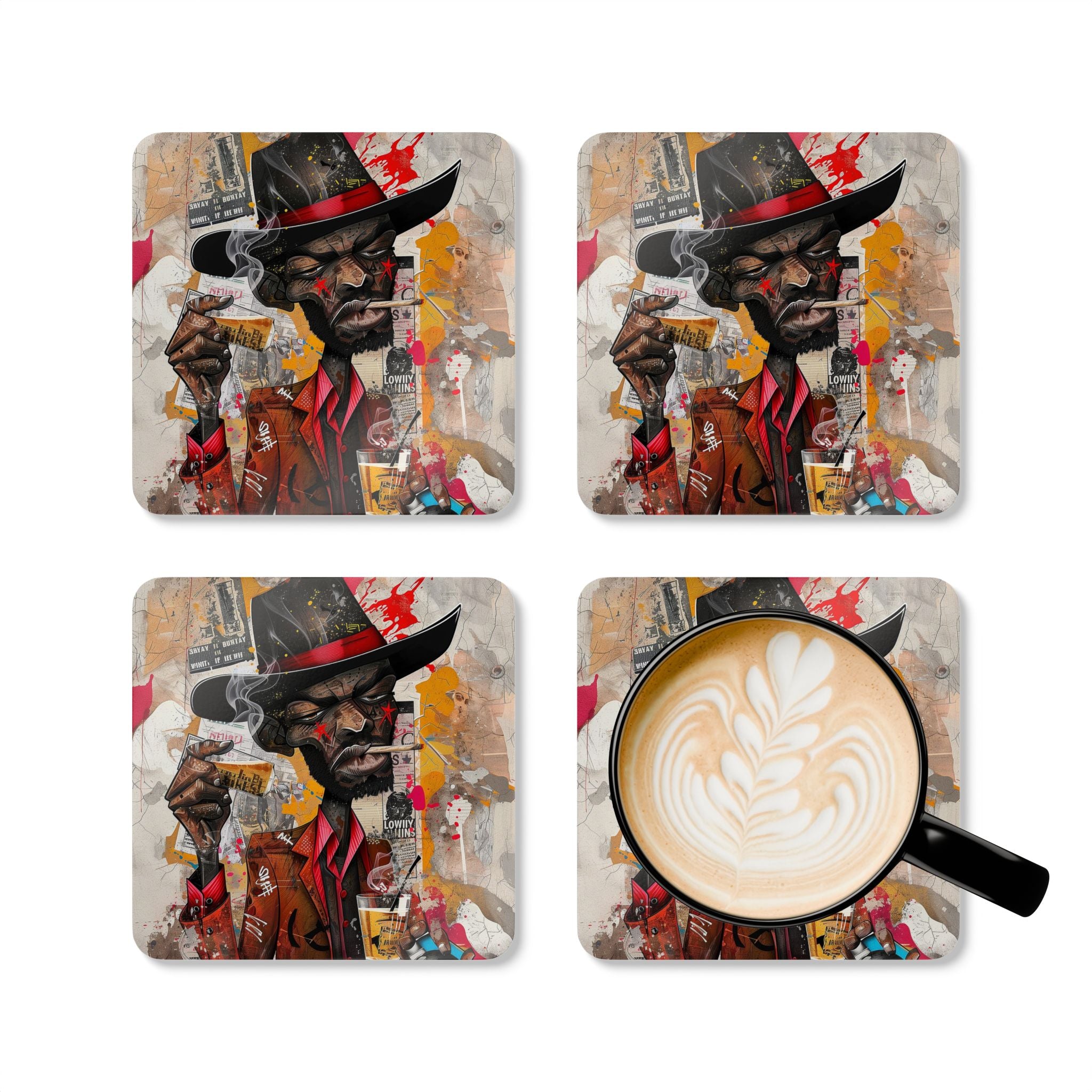 Drink Coasters featuring an African American cowboy in graffiti pop art style with cartoon elements—bold, Afrocentric barware decor set of coasters.