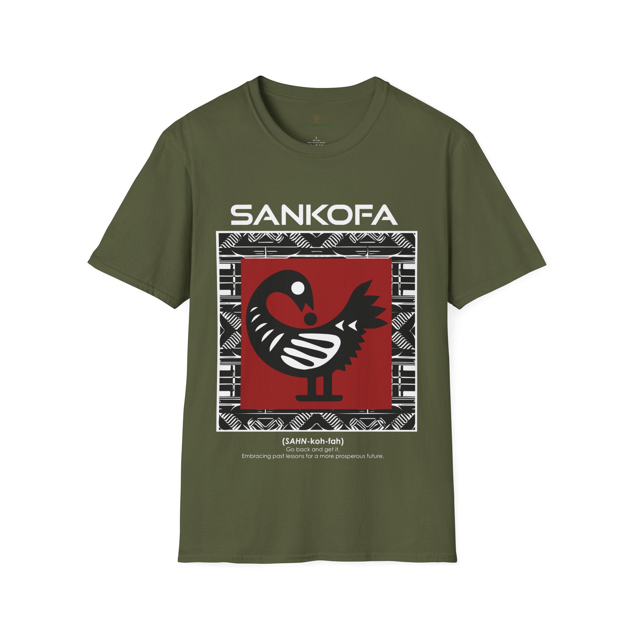 Adinka Sankofa African Tee shirt in olive.