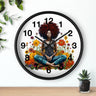 Black Female Yoga Round Wall Clock featuring an Afrocentric woman in meditation pose. Modern Yogi art clock for yoga studio, spa, or peaceful home decor.