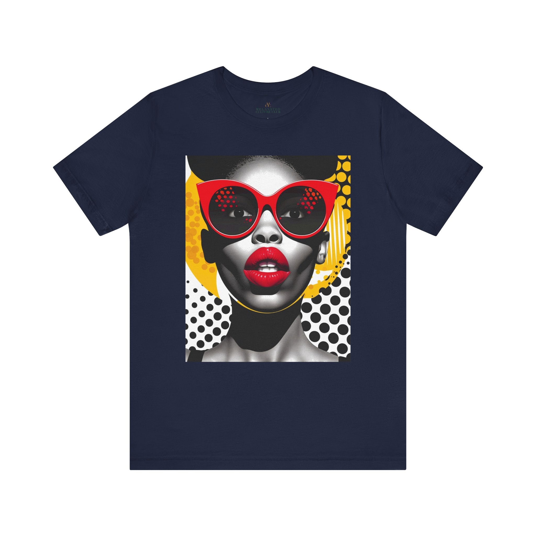 Black Woman Shock Pop Art Tee Shirt featuring an Afrocentric retro comic style illustration of a surprised Black woman. Bold psychedelic colors and vintage streetwear design celebrating African American fashion and expressive art.