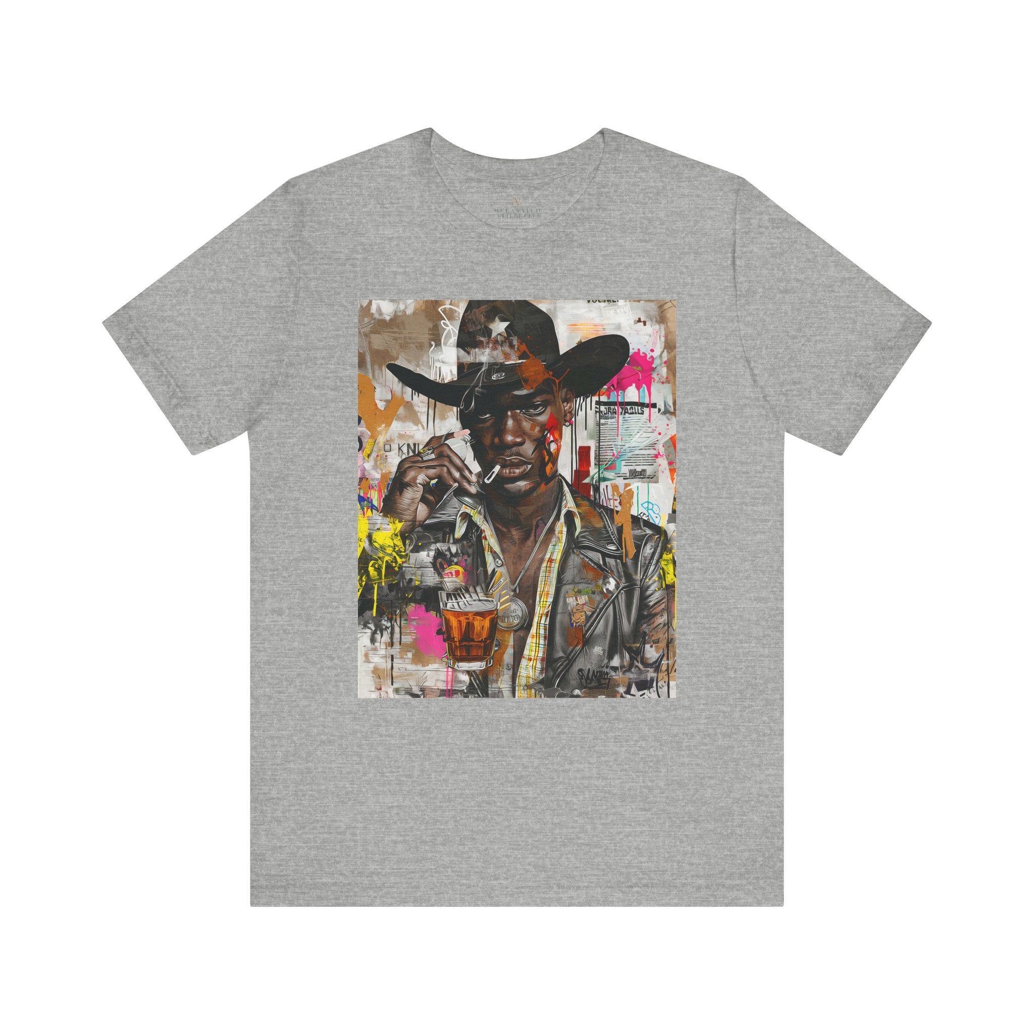 Black Cowboy Tee featuring an edgy African American cowboy with a challenging gaze, smoking a cigarette and drinking whiskey. A pop art, graffiti-inspired collage blending Western grit with urban street style.
