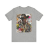Black Cowboy Tee featuring an edgy African American cowboy with a challenging gaze, smoking a cigarette and drinking whiskey. A pop art, graffiti-inspired collage blending Western grit with urban street style.
