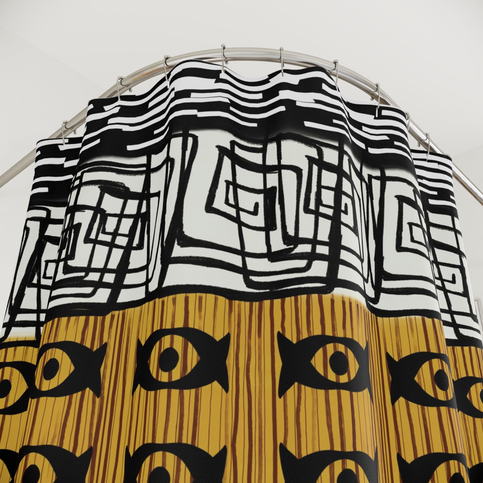 African Mud Cloth Bathroom Shower Curtain featuring traditional African-inspired patterns in a bold, Afrocentric design, perfect for culturally rich and stylish home decor.