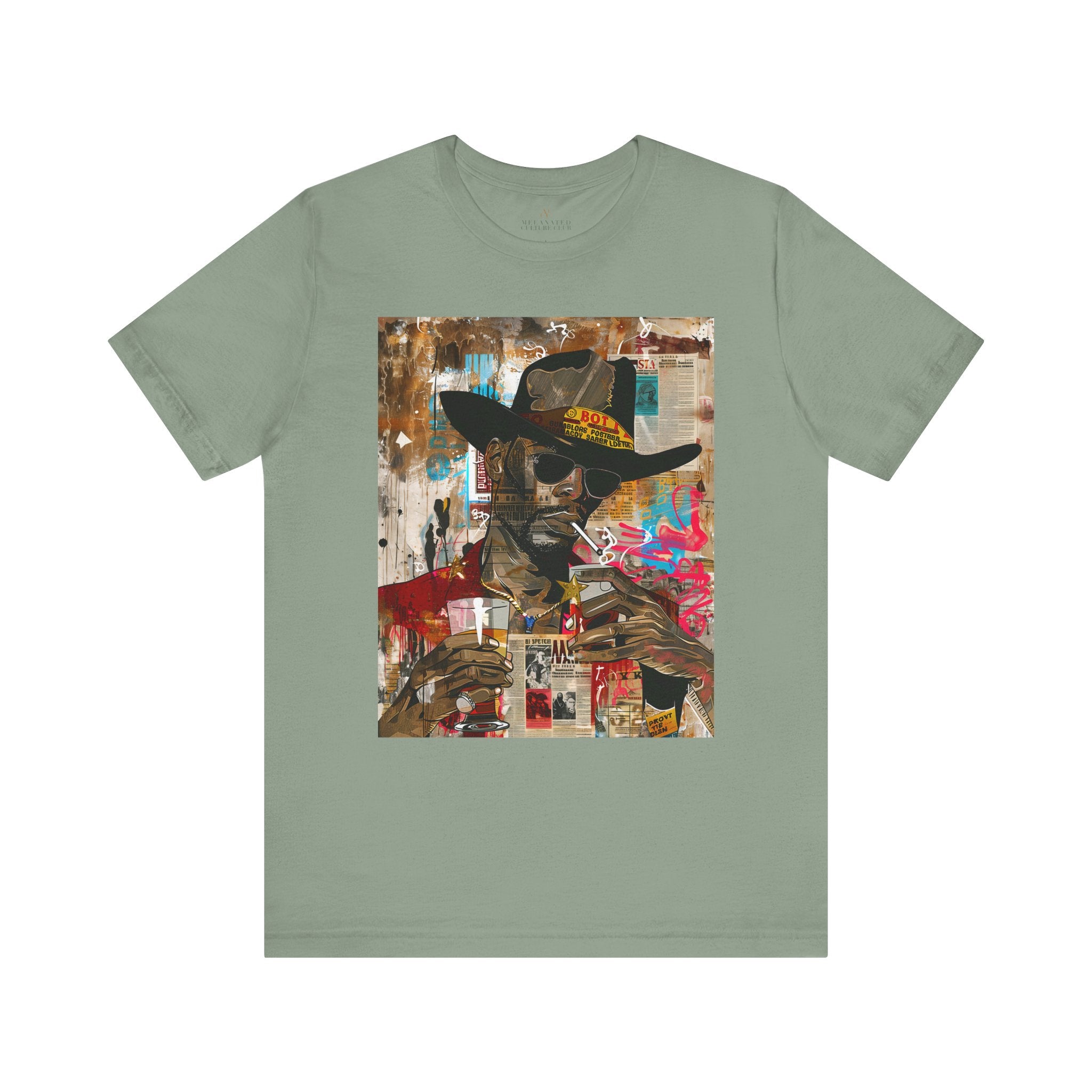 Urban Black Cowboy Tee featuring a graffiti collage design of an African American cowboy wearing dark sunglasses, smoking a cigarette, and holding a neat whiskey. A bold, edgy Afrocentric pop art-style shirt celebrating Black culture.