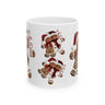 Gingerbread Cookie Couple Coffee Mug featuring a festive gingerbread couple design, Christmas holiday beverage mug perfect for coffee, tea, and hot cocoa, available in 11 oz and 15 oz sizes.