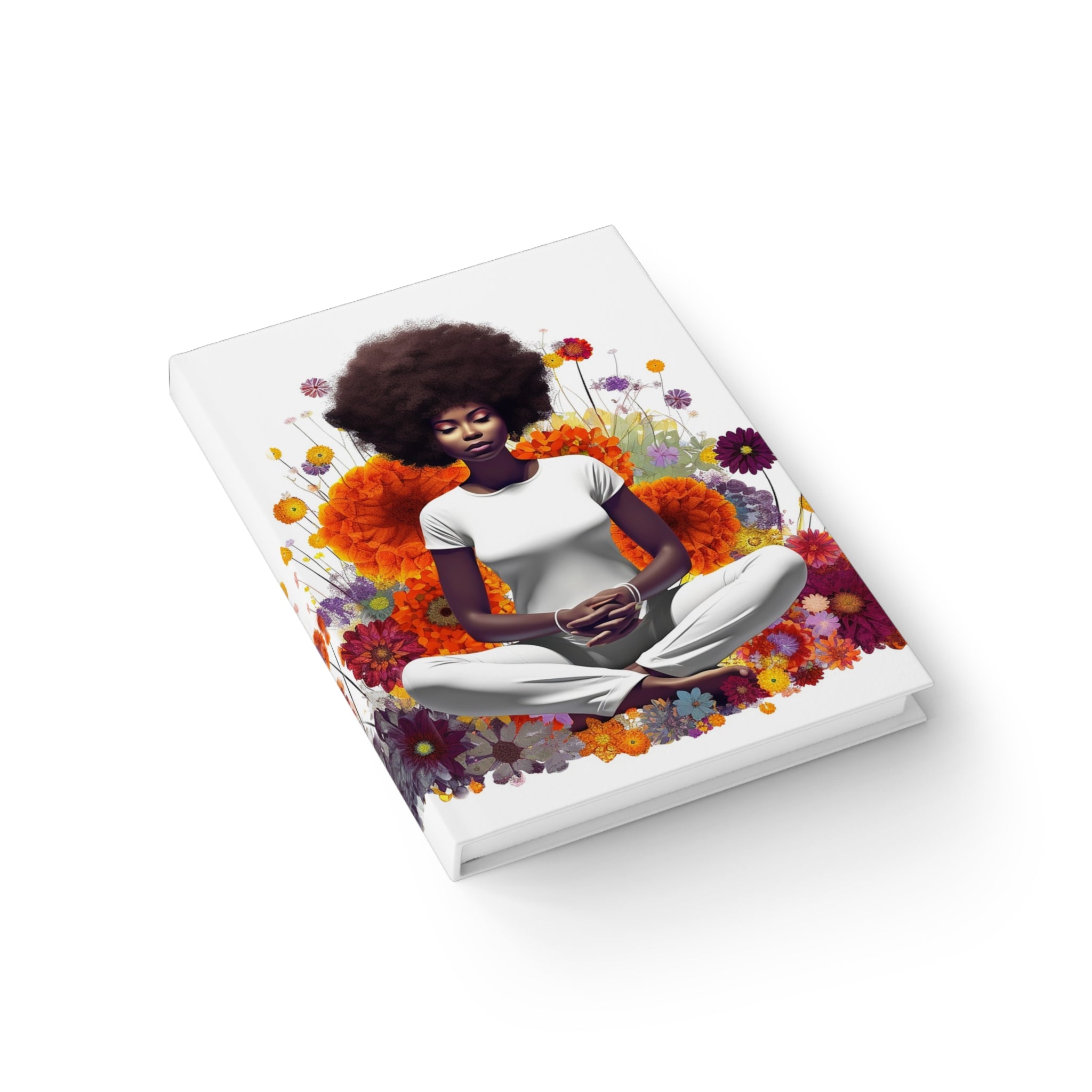 Black Woman Yoga Pose Journal featuring an African American woman meditating in a field of wildflowers. A perfect gift for yogis, wellness lovers, and mindfulness journaling.
