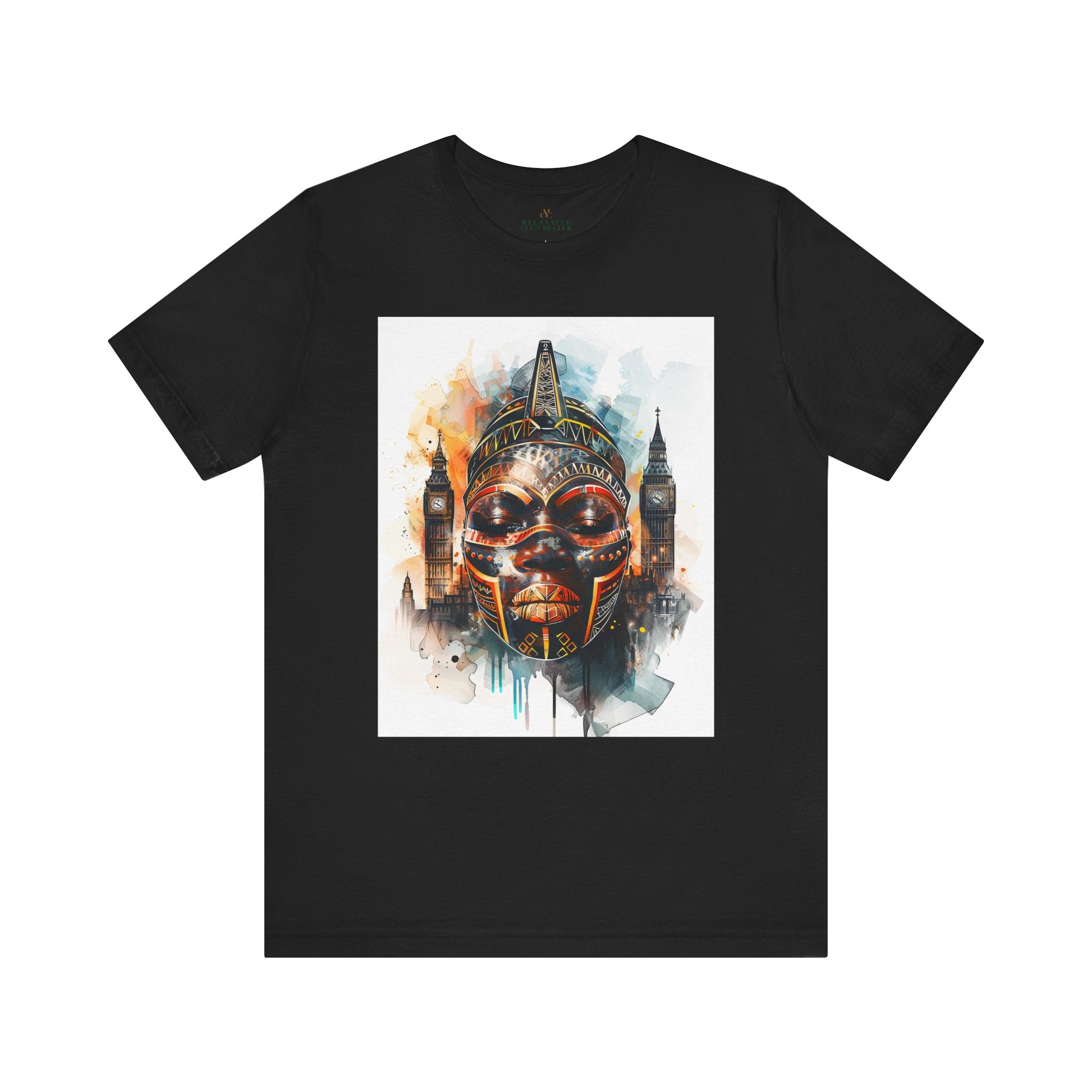 London Abstract African Mask Tee Shirt in black.