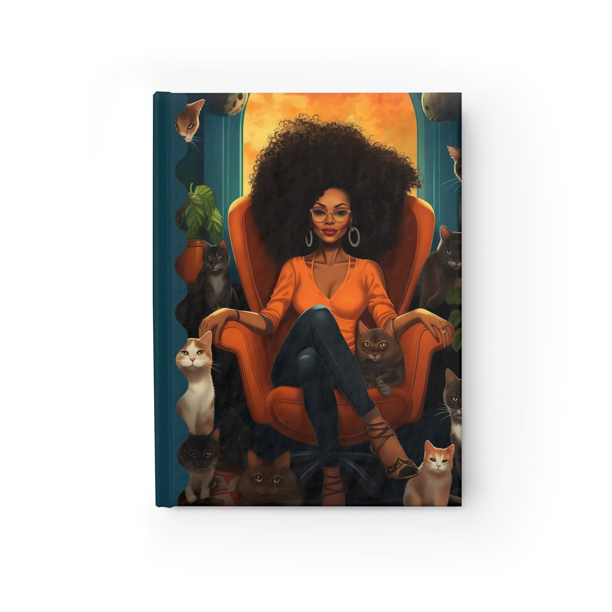 Black Woman Cat Lady Journal featuring an African American woman with big, beautiful Afro hair and her feline companions. A stylish writing journal perfect for cat moms, writers, and lovers of cats.