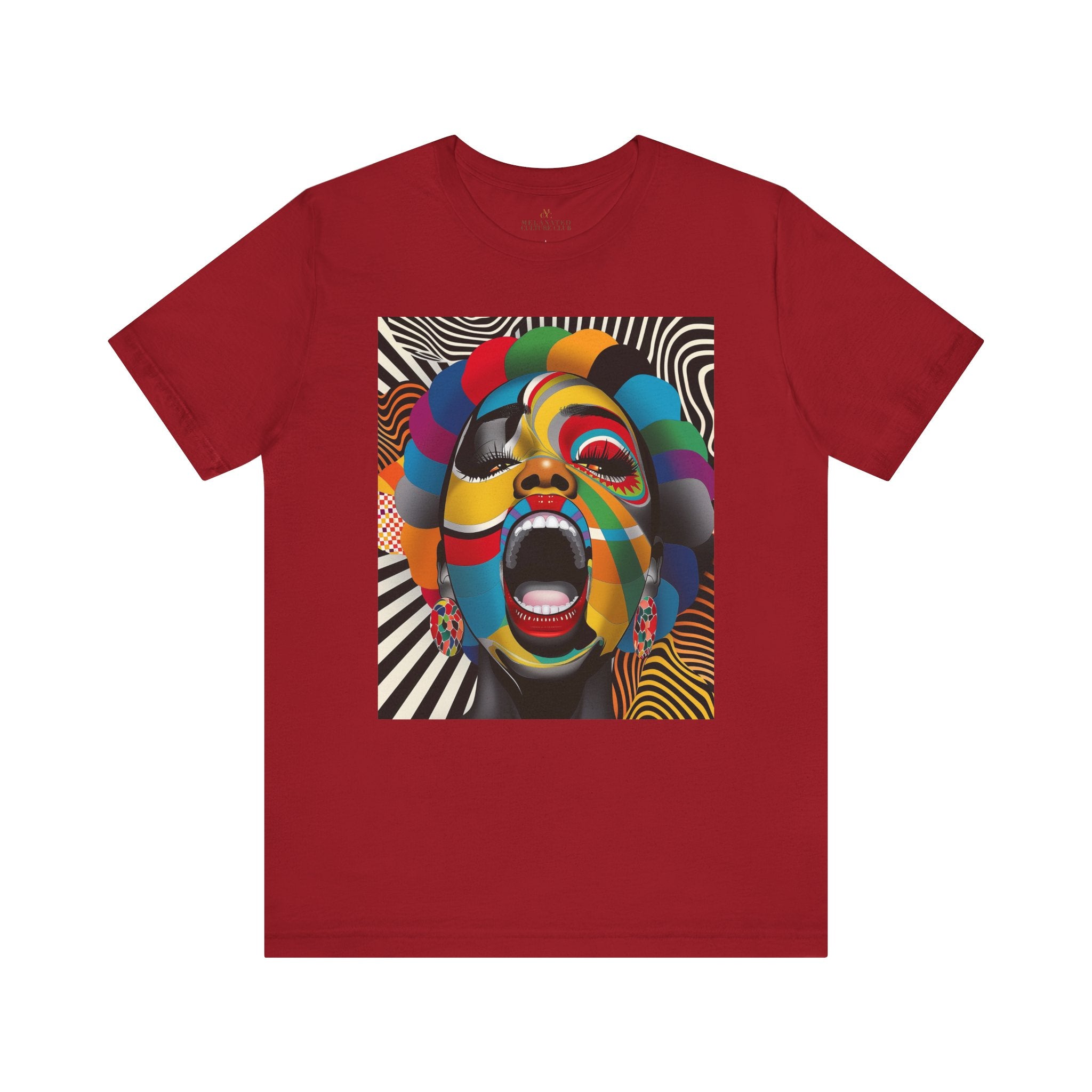 Black woman pop art tee, Afrocentric graphic shirt, scream comic tee, retro 70s psychedelic top, Black streetwear fashion, Afro pop culture shirt, vibrant Black woman art tee, halftone retro t-shirt, Afro art clothing, bold comic style tee