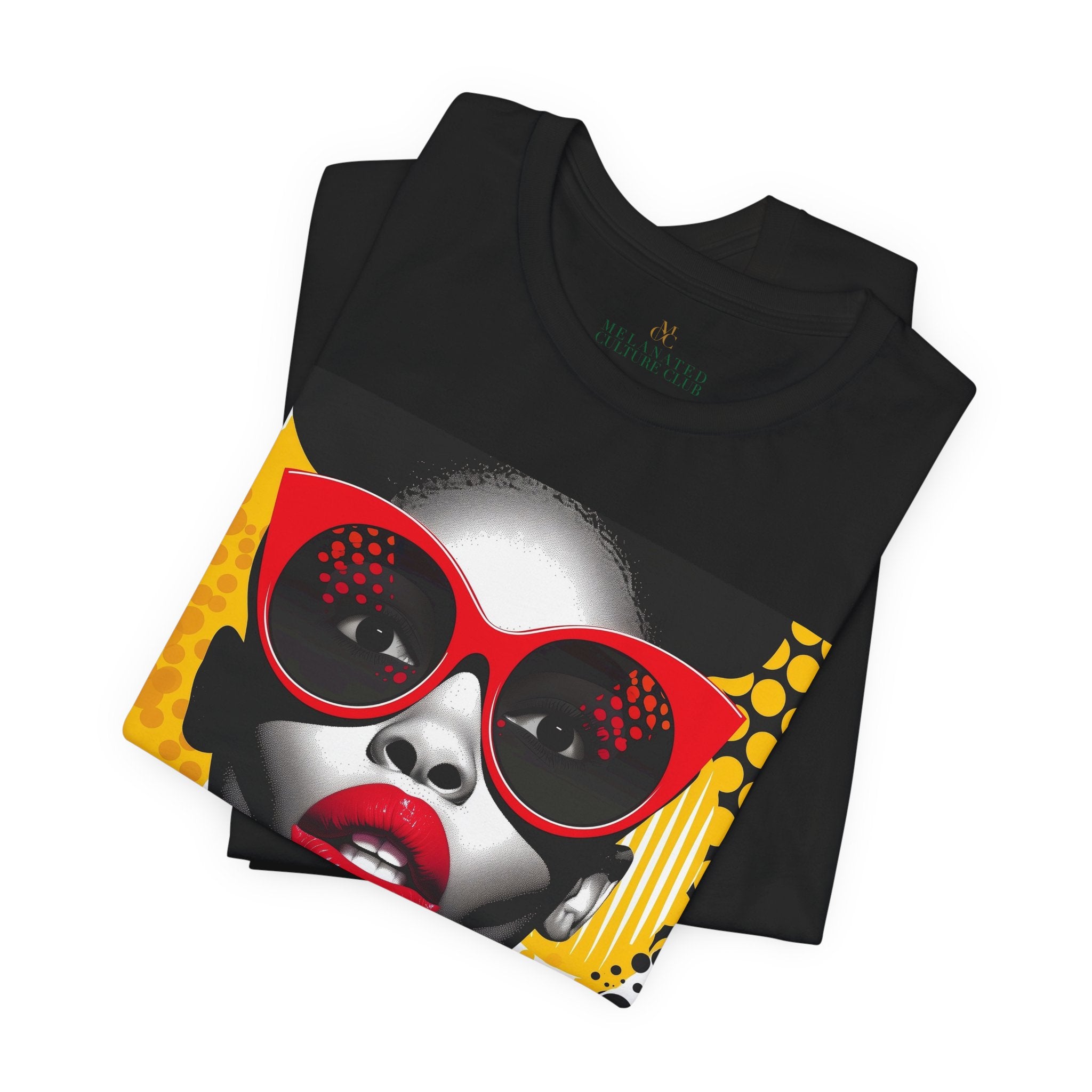 Black Woman Shock Pop Art Tee Shirt featuring an Afrocentric retro comic style illustration of a surprised Black woman. Bold psychedelic colors and vintage streetwear design celebrating African American fashion and expressive art.