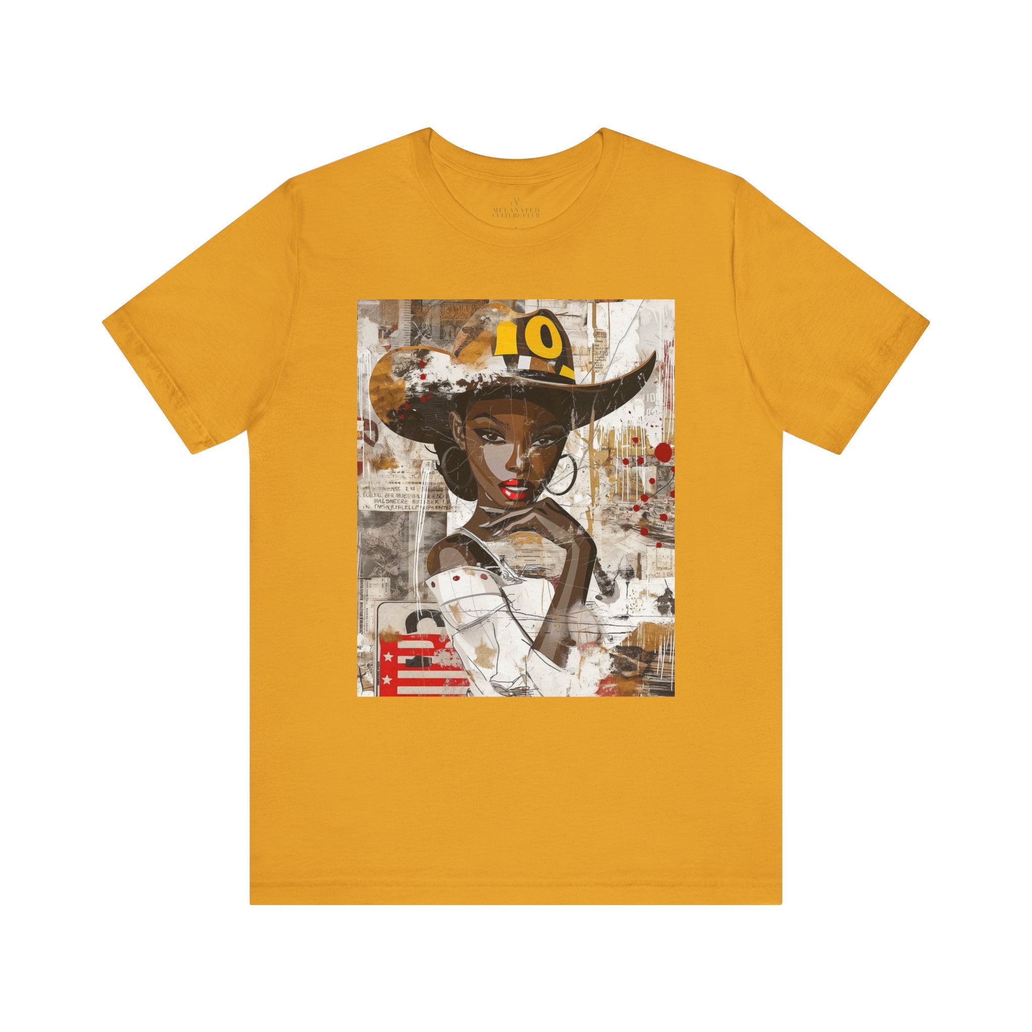 Black Cowgirl Tee featuring a cartoon-style brown skin girl in a graffiti-inspired pop art design. An edgy Afrocentric Western shirt celebrating African American culture and bold streetwear fashion.