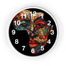 African Mosaic Mask Round Wall Clock featuring a mosaic-style African mask in the shape of the continent of Africa. Abstract Afrocentric wall decor with bold geometric patterns and vibrant colors.