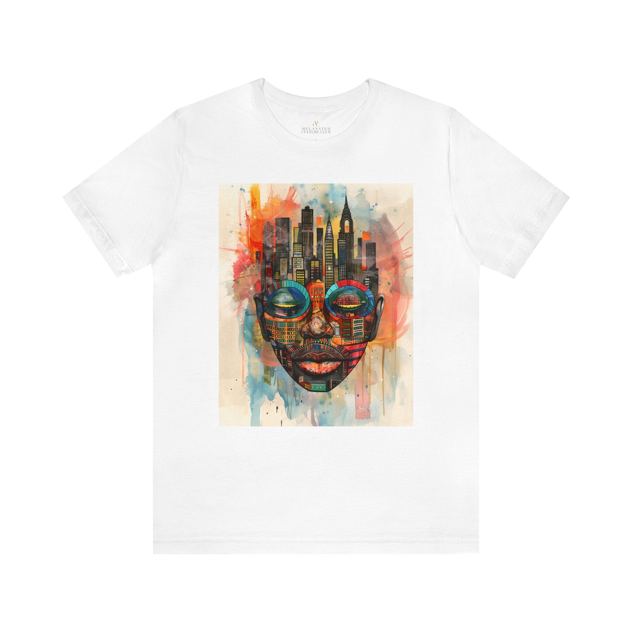 New York City Abstract African Mask Unisex Tee Shirt in white.
