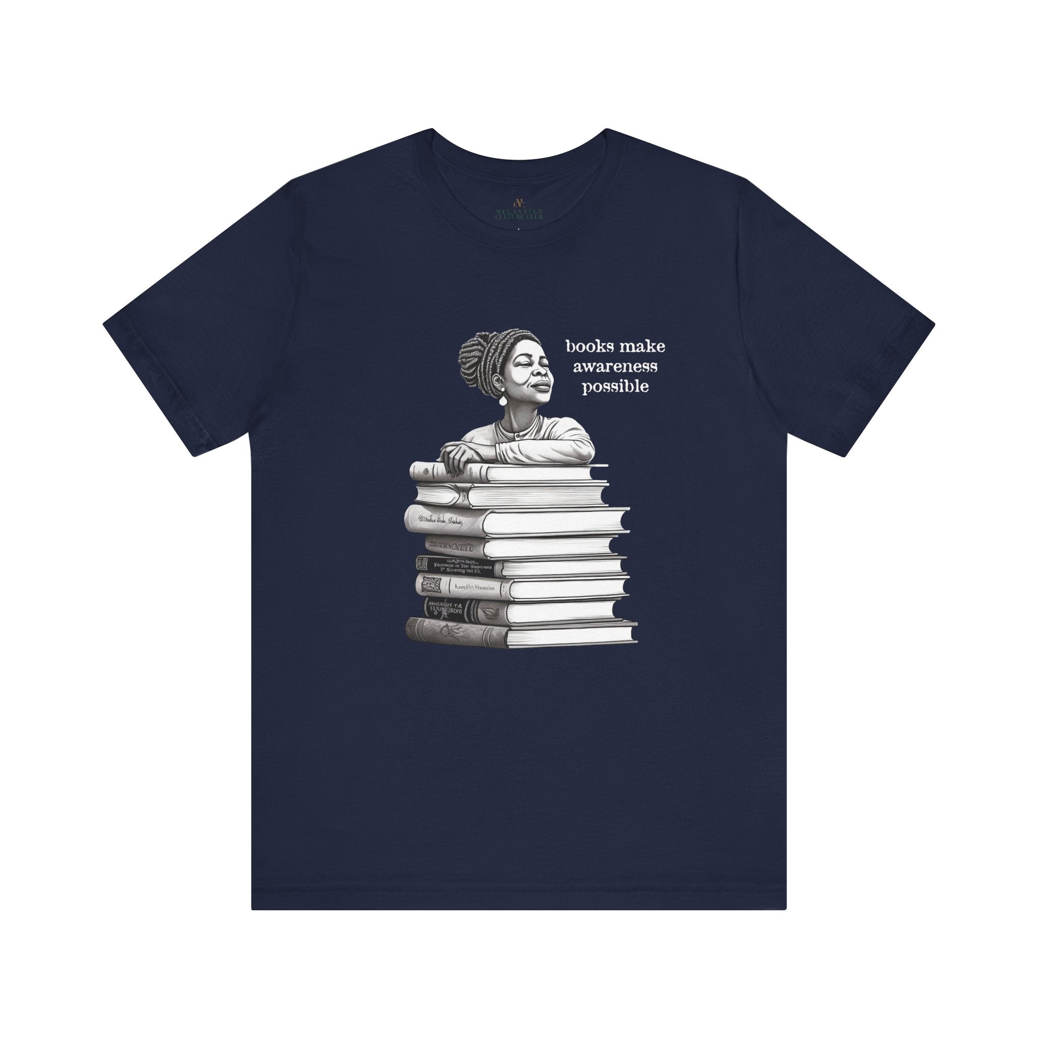 Black Woman Reading Books Tee Shirt in navy.