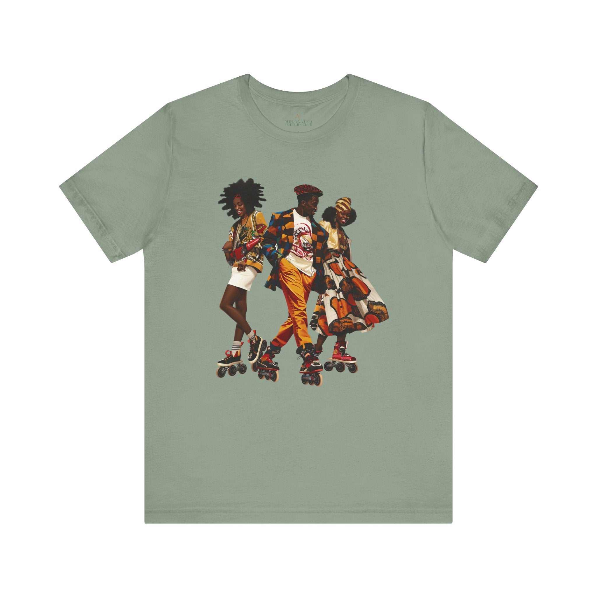 Black Roller Skaters Hip Hop Tee Shirt featuring a stylish Black man and women roller skating in vibrant Afrocentric streetwear; adult unisex top celebrating Black culture, retro skating vibes, and urban fashion.