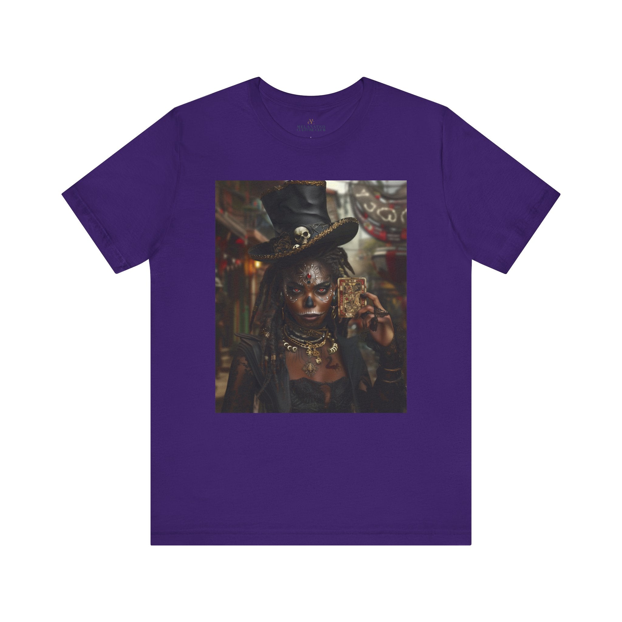 Voodoo Priestess Tee Shirt featuring Afrocentric gothic artwork of a woman with skull face paint, red eyes, and holding a tarot card. Dark fantasy Afrocentric graphic tee for mysticism, culture, and streetwear fashion.