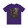 Voodoo Priestess Tee Shirt featuring Afrocentric gothic artwork of a woman with skull face paint, red eyes, and holding a tarot card. Dark fantasy Afrocentric graphic tee for mysticism, culture, and streetwear fashion.