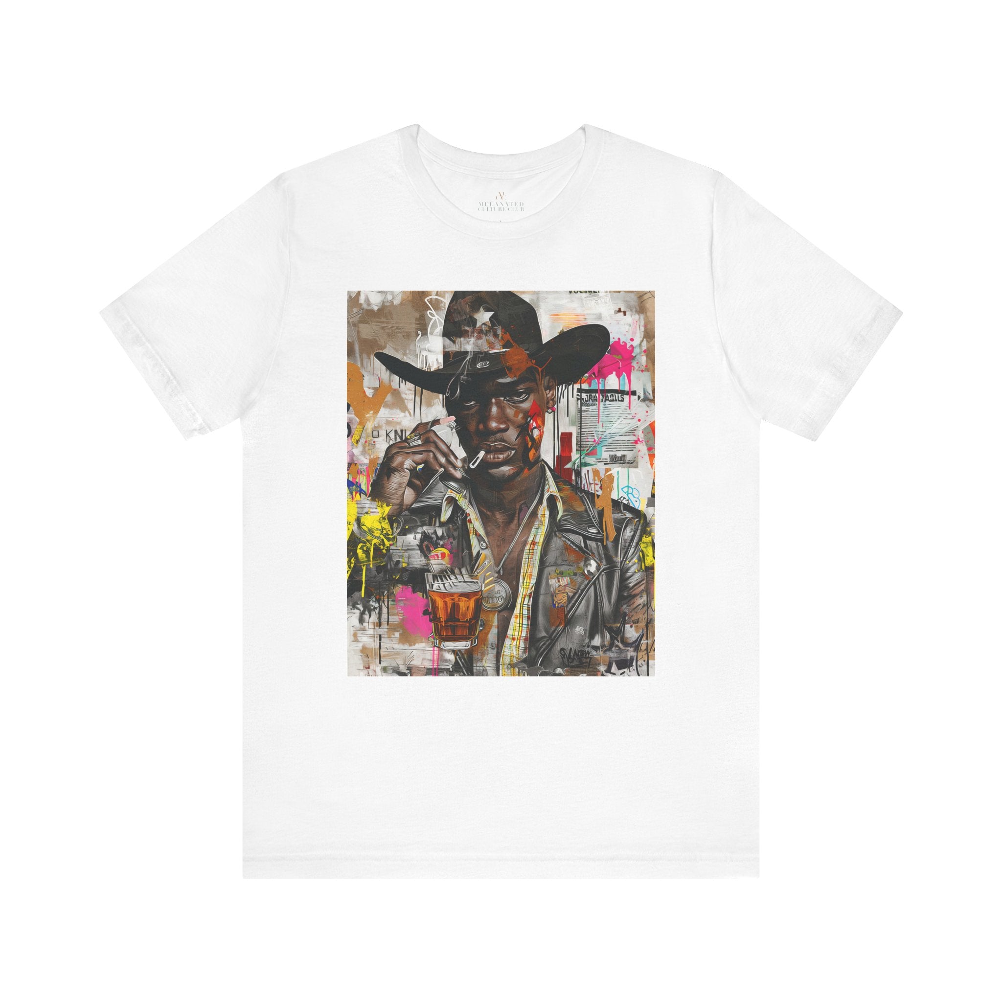 Black Cowboy Tee featuring an edgy African American cowboy with a challenging gaze, smoking a cigarette and drinking whiskey. A pop art, graffiti-inspired collage blending Western grit with urban street style.