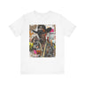 Black Cowboy Tee featuring an edgy African American cowboy with a challenging gaze, smoking a cigarette and drinking whiskey. A pop art, graffiti-inspired collage blending Western grit with urban street style.