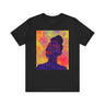 Leela Tee featuring Black woman with royal blue skin and red lipstick, Afrocentric fashion t-shirt for African American women, unisex apparel.