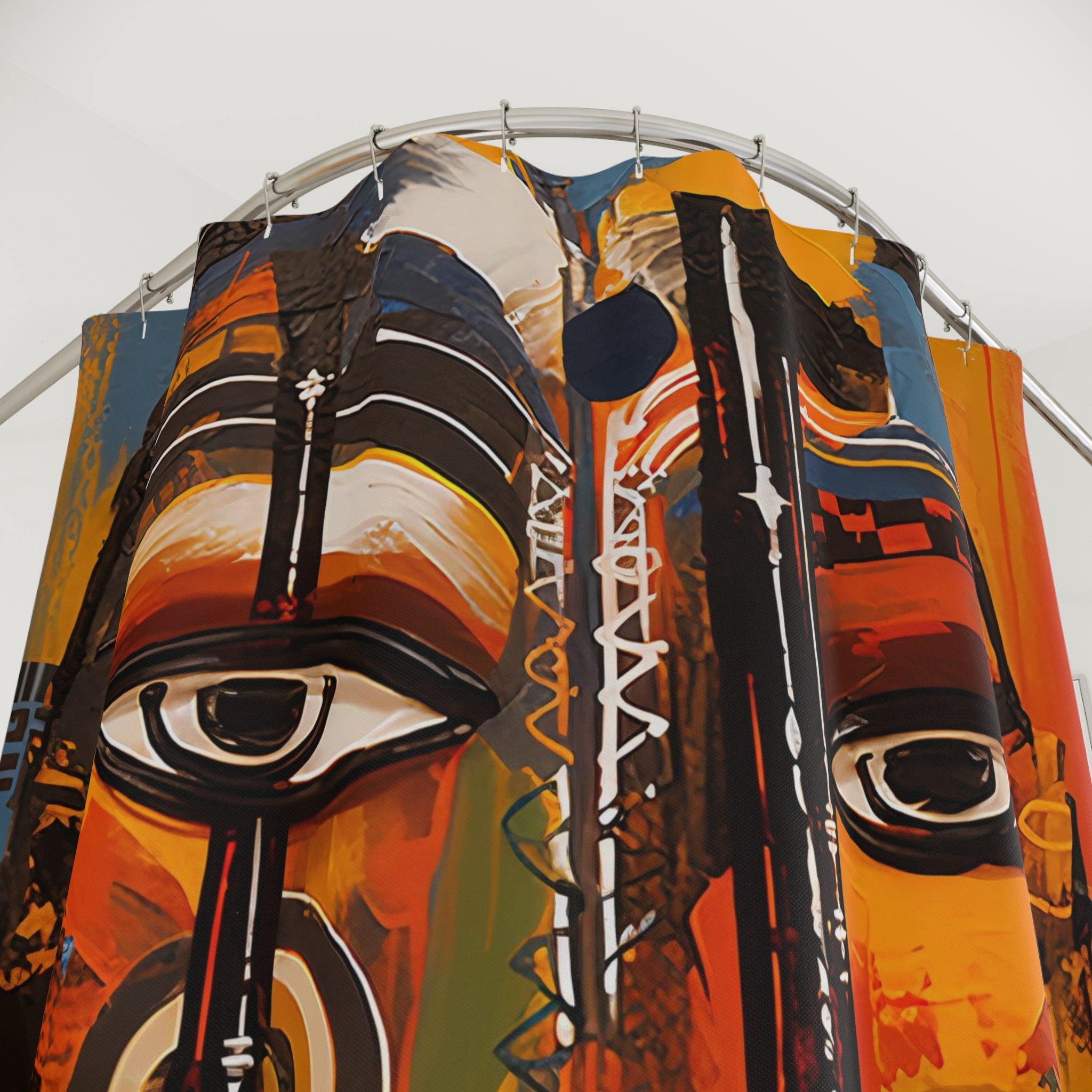 Bathroom shower curtain featuring an abstract African mask design with bold Afrocentric patterns, ideal for African-inspired home decor.