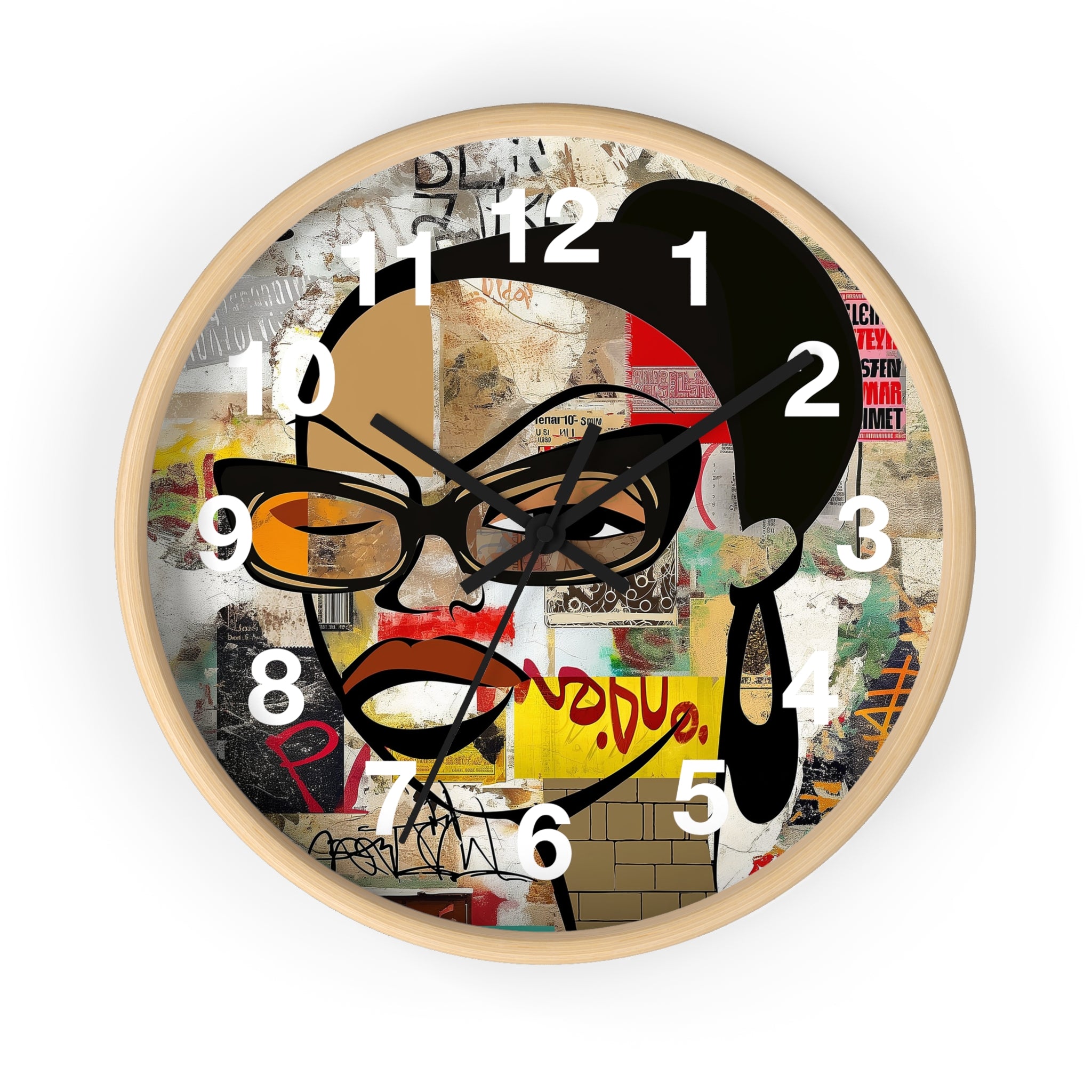 Boss Babe Black Girl Wall Clock featuring Afrocentric cartoon character Markeisha in vibrant graffiti art style. Black woman empowerment decor for modern home or office.