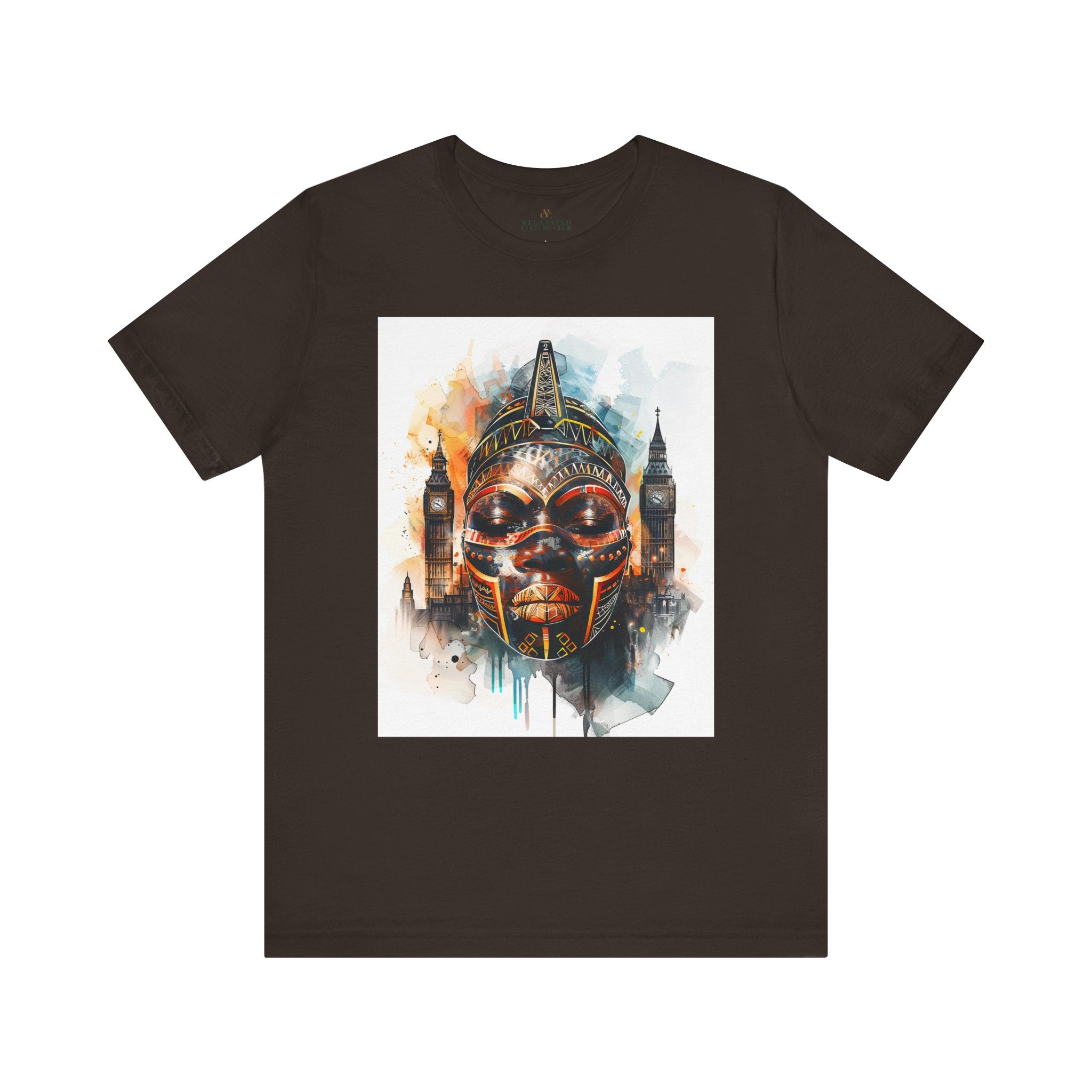 London Abstract African Mask Tee Shirt in brown.