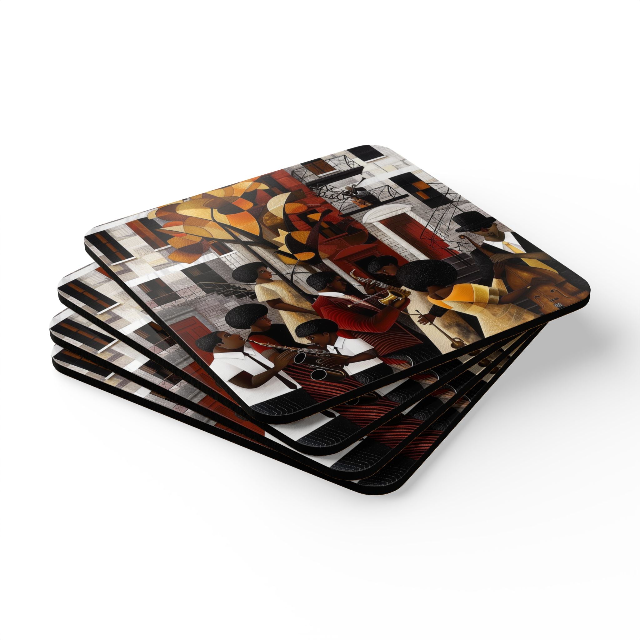 Harlem Jazz Musicians Drink Coasters – Abstract retro vintage art set inspired by jazz culture and Harlem Renaissance, perfect barware gift and Afrocentric beverage accessory.