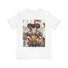 Black Girl Roller Skaters Tee Shirt featuring abstract graffiti pop art of African American women roller skating in bold, bright colors; Afrocentric fly girls streetwear.
