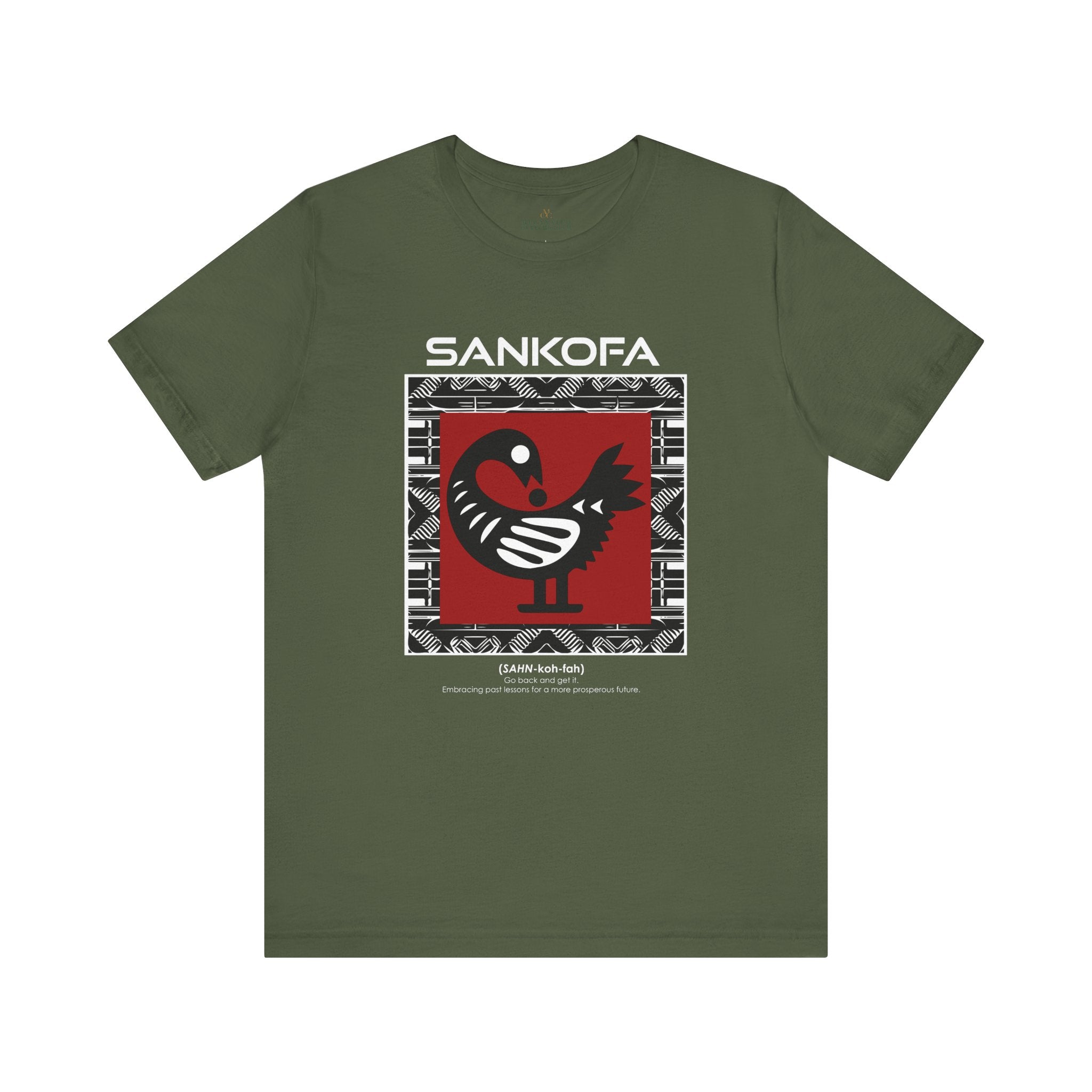 Adinkra Sankofa Tee featuring the African bird symbol with the message "Go Back and Get It." A meaningful tribute to African heritage, cultural symbolism, and learning from the past.