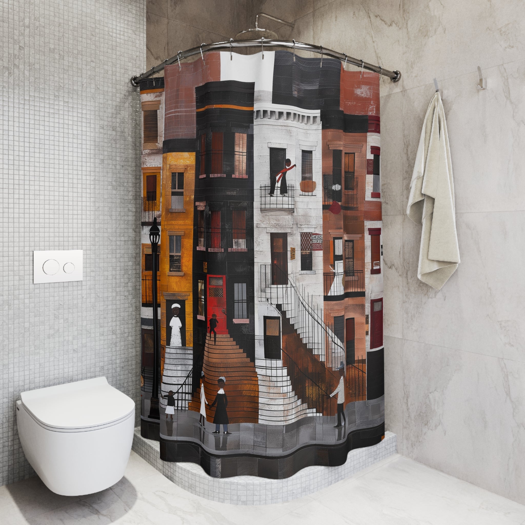 Harlem Neighborhood Shower Curtain featuring abstract brownstones and street life, Afrocentric bathroom decor inspired by Harlem culture.